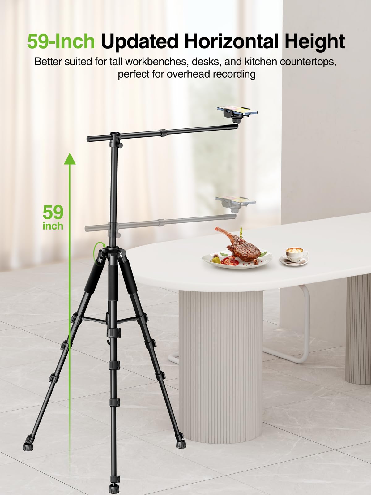 elitehood Phone Tripod for Overhead Video Recording – Updated Horizontal 59-inch Adjustable Tripod for iPhone with 25in Long Extendable Arm, 360° Rotation iPhone Stand Holder for Overhead Recording