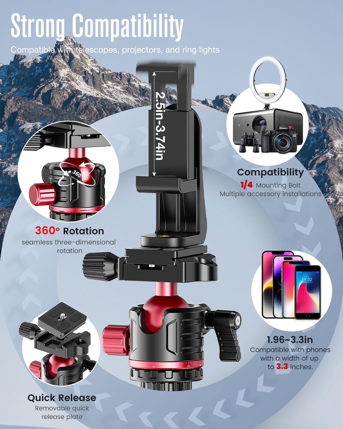 CAMBOFOTO 80“ DSLR-Camera-Tripod, Photography 360 Ball Head Professional Aluminum Tripod & Monopod with Carry Bag Compatible with Canon Nikon Binoculars Laser Telescope (Weight 3.35 Lbs, 15Lbs Load)