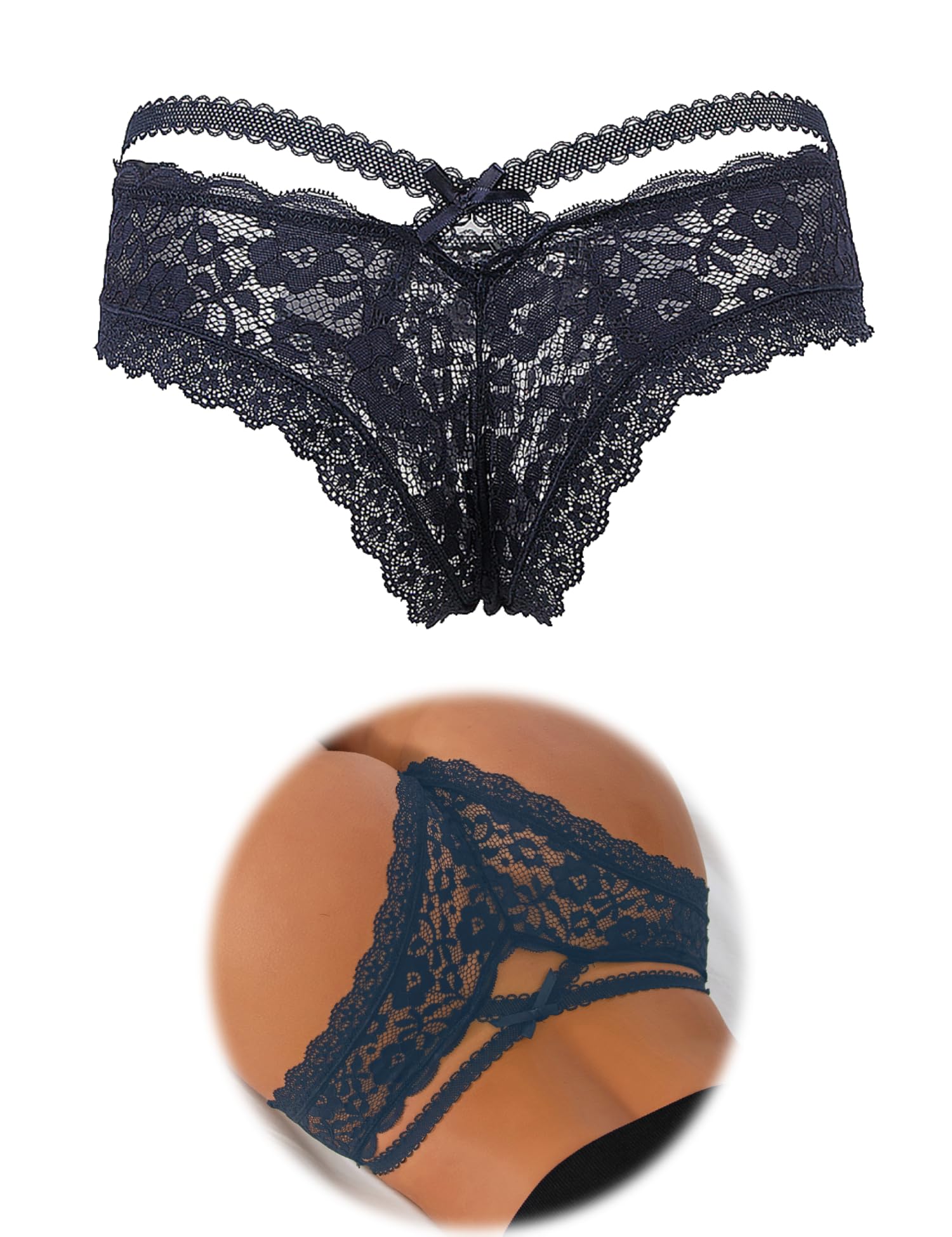 ohmydear Women's Plus Size Sexy Lace Thong Floral Underwear Criss Cross Bikini Panties Tangas Briefs XS-4XL: X-Large-XX-Large Style 2 Dark Blue