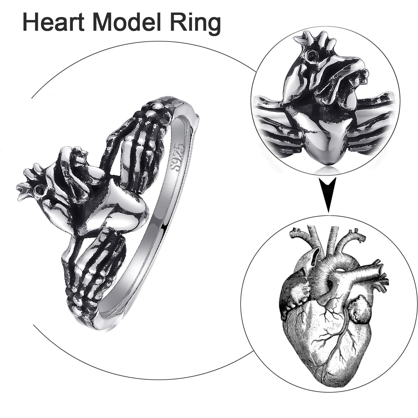AVECON Skull Claddagh Heart Rings Silver Statement Rings Stackable Ring for Women Girls Native Heart Model Rings Size 5-9