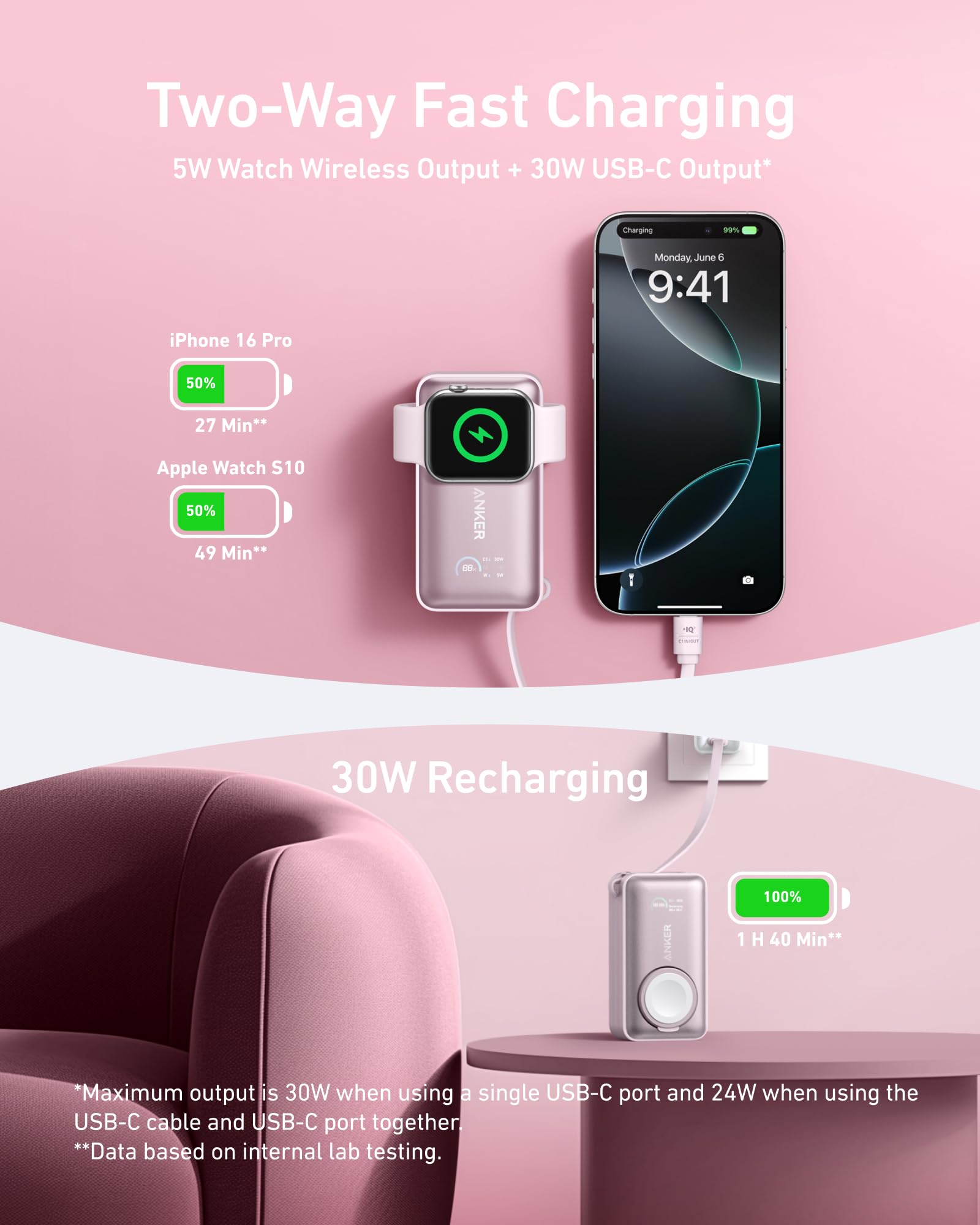Anker MagGo Power Bank for Apple Watch, Officially Certified, 10,000 mAh Compact Battery Pack with Built-in USB-C Cable, 35 W Max, for iPhone 15 Series, Samsung, iPad, AirPods and More thumbnail 3