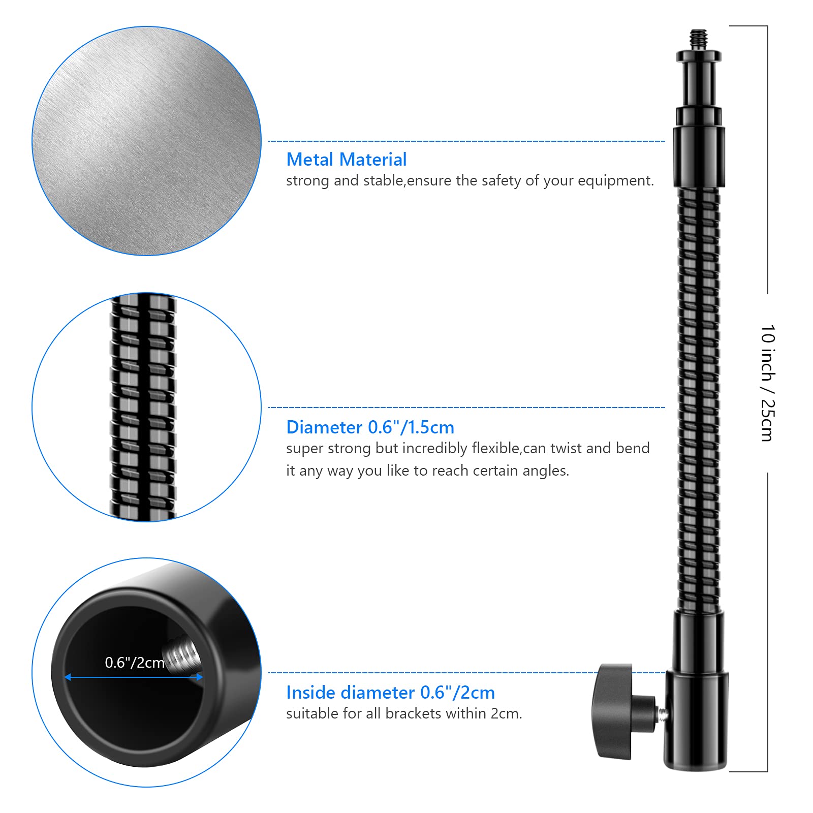 Neewer® 10"/25cm Metal Flexible Tube Arm for LED Video Lights,Ring Flash Light and Other Photography Accessories with 1/4" Screw Thread thumbnail 5