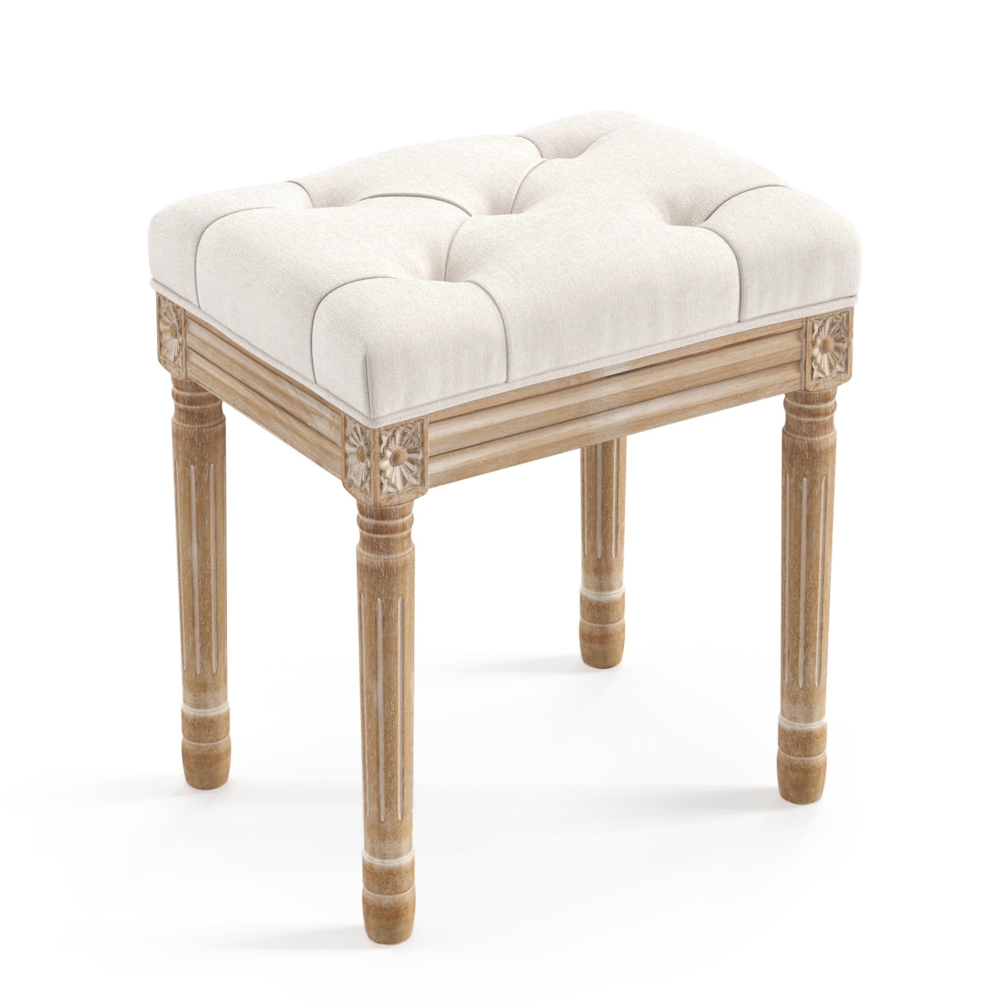 LUE BONA Upholstered Fabric Vanity Bench Seat, Makeup Stools for Vanity, Square Tufted Ottoman Bench with Carved Wood Color Legs for Bedroom Living Room, Beige: Beige and Wood