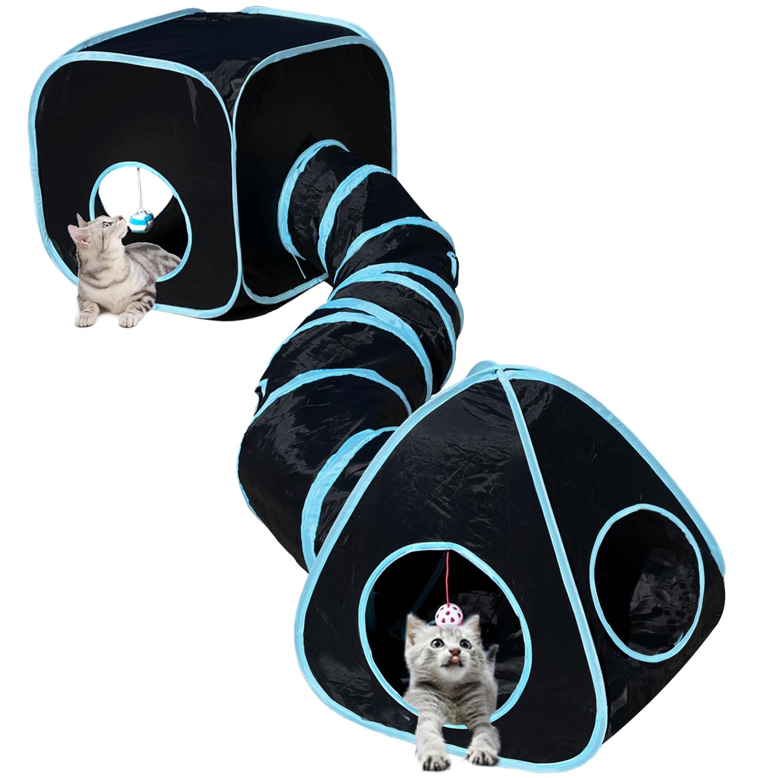 GONPETGP Cat Tunnels for Indoor Cats with Cube Tent Toys Combo, Pop Up Collapsible Crinkle Interactive Peek Hole, Cat Tube with Play Ball and Bell for Kitten, Puppy, Kitty, Rabbit - Set of 3: A-Black