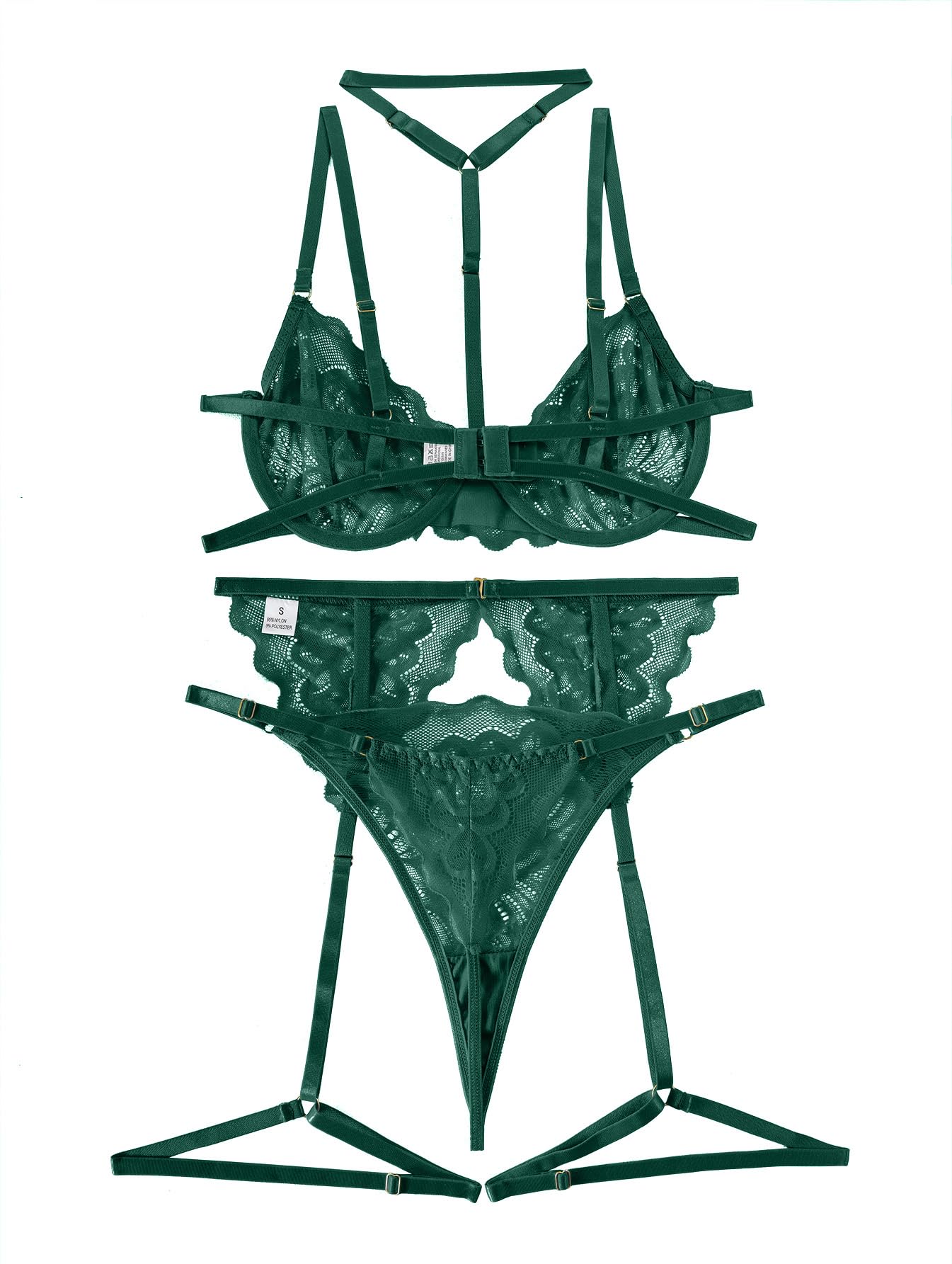 Lilosy Sexy Choker Floral Lace Underwire Push Up Garter Belt Lingerie Set for Women Sheer Bra and Panty 3 Piece: Small Army Green