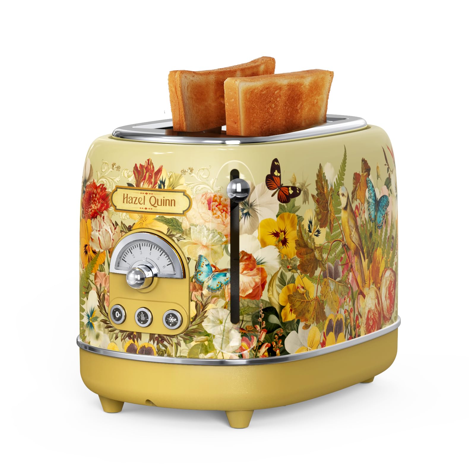 Hazel Quinn X Eduardo Recife Collaboration 2-Slice Retro Toaster, 6 Browning Levels, 3 Functions-Defrost/Reheat/Cancel, Removable Crumb Tray for Easy to Clean, 1.5 Inches Extra Wide Slots: Floral Printed Design