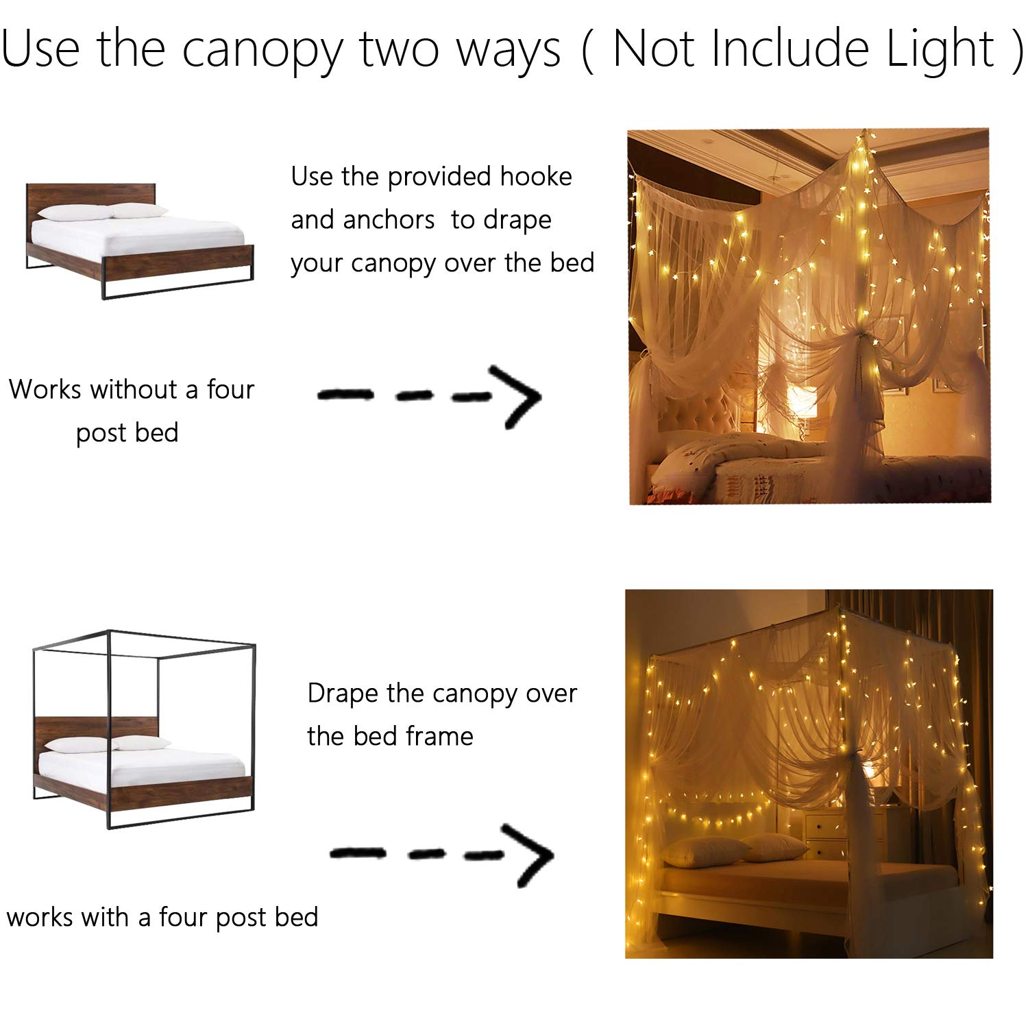 Bed Canopy with LED Star Lights, Canopy Bed Curtain with RGB Color Changing String Lights with Smart App Control Remote for Princess Girls Bedroom, Suggested for Twin Full Queen King Bed: White