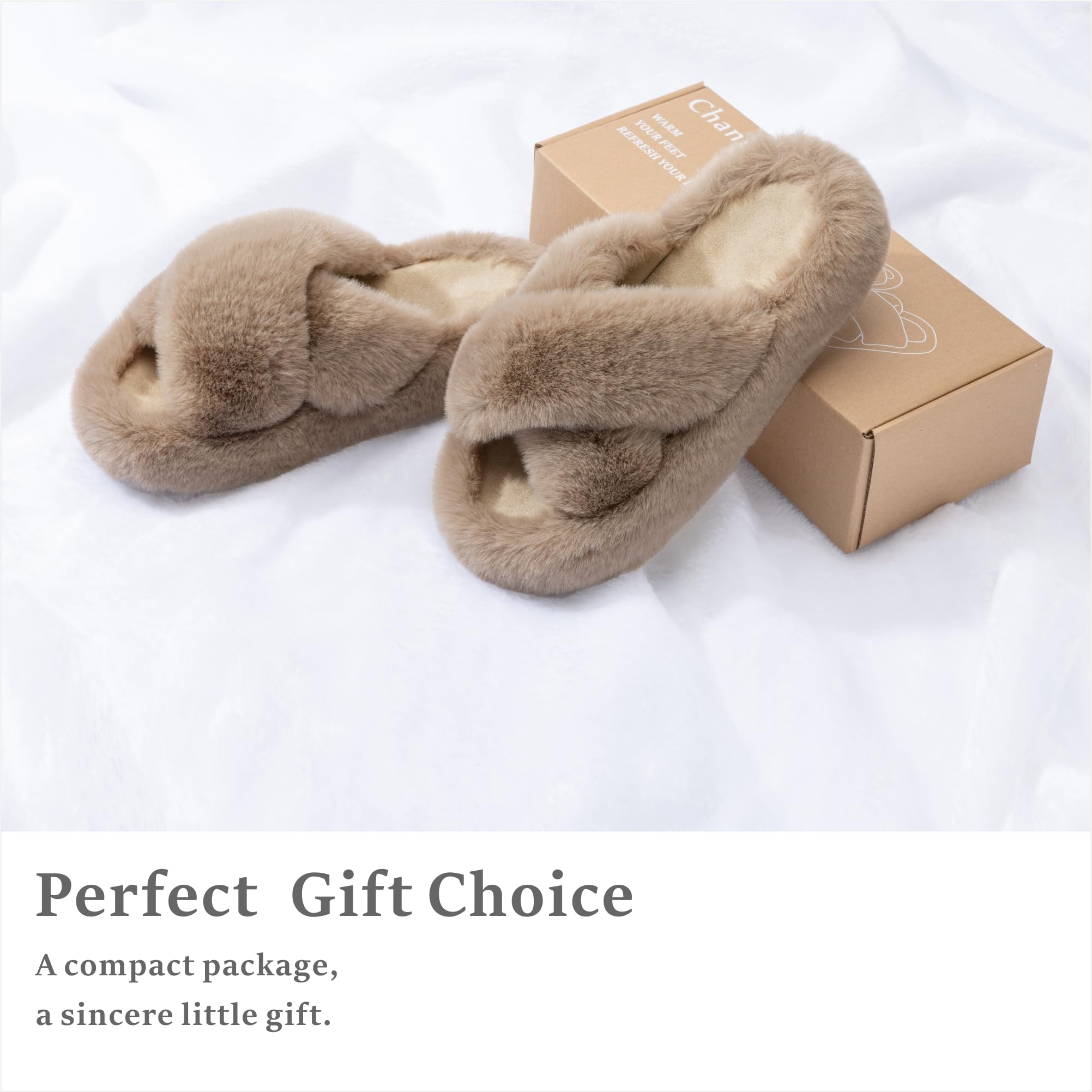 Chantomoo Women's Blue Memory Foam Faux Fur Lined Open Toe Slippers for Women - US 12: 7-8 Light Brown Cross