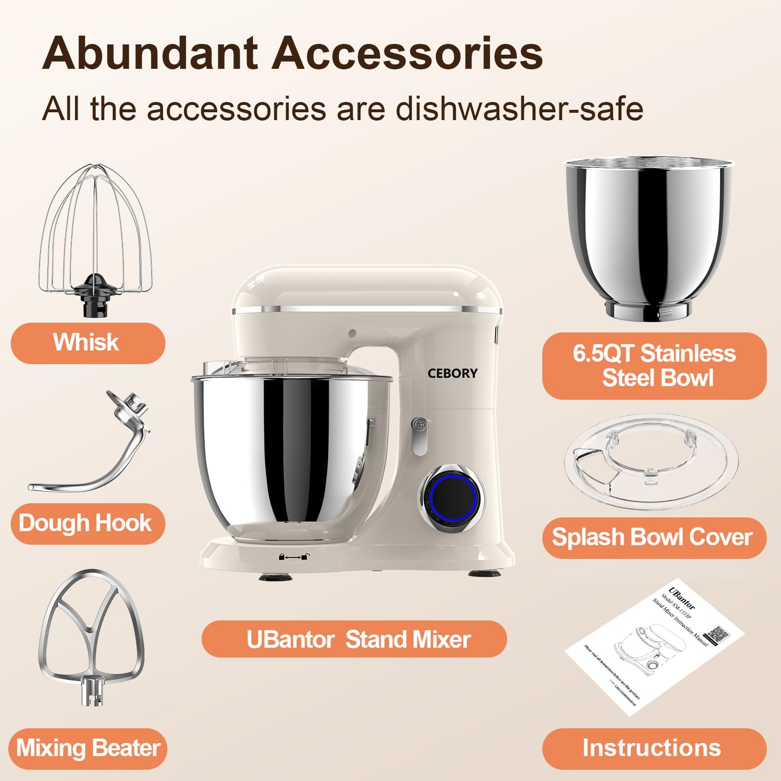 CEBORY 3-IN-1 Electric Stand Mixer, 6.5QT Bowl 660W 10-Speed Kitchen Mixer, Household Food Mixers include Dough Hook, Beater and Whisk, Bread Cake Mixer for Baking and Most Home Cooks,: Almond Cream