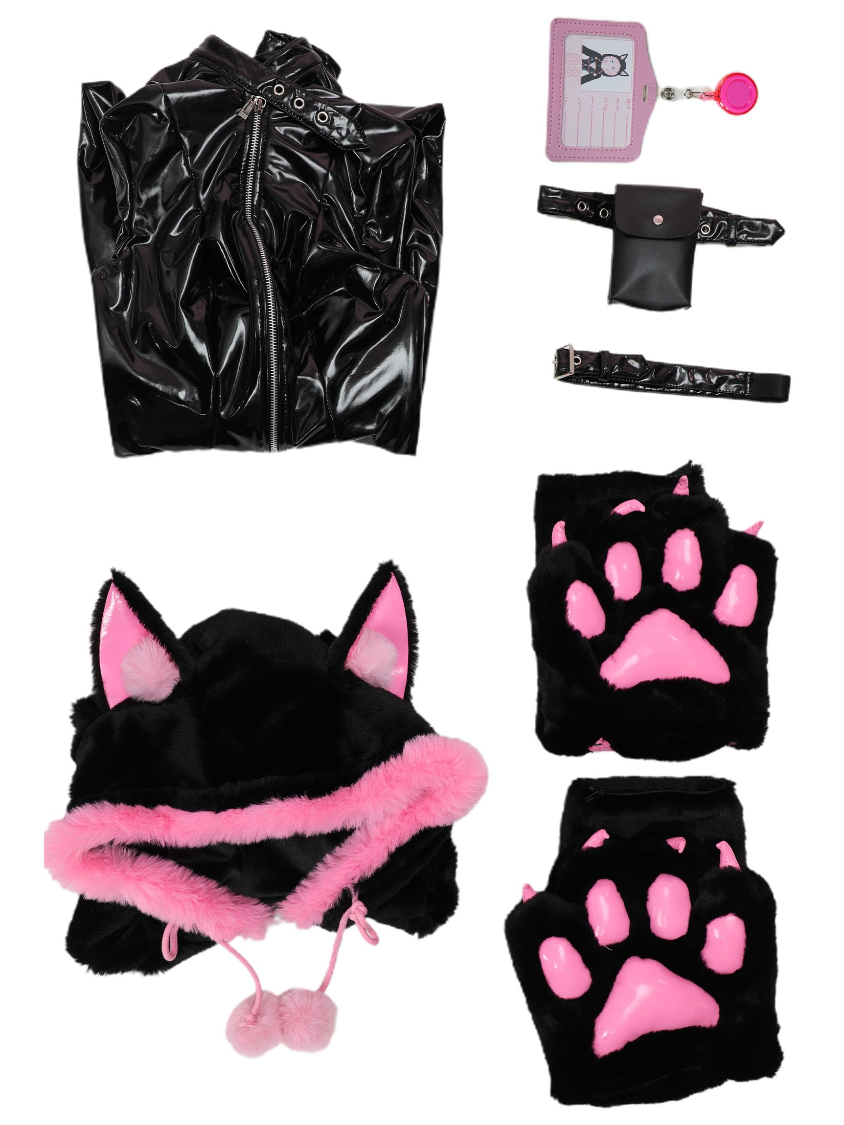 Mobbunny PU Leather Jumpsuit for Women V-neck Tight Bodysuit and Plush Hoodie with Furry Paw Gloves Party Club Halloween: Small
