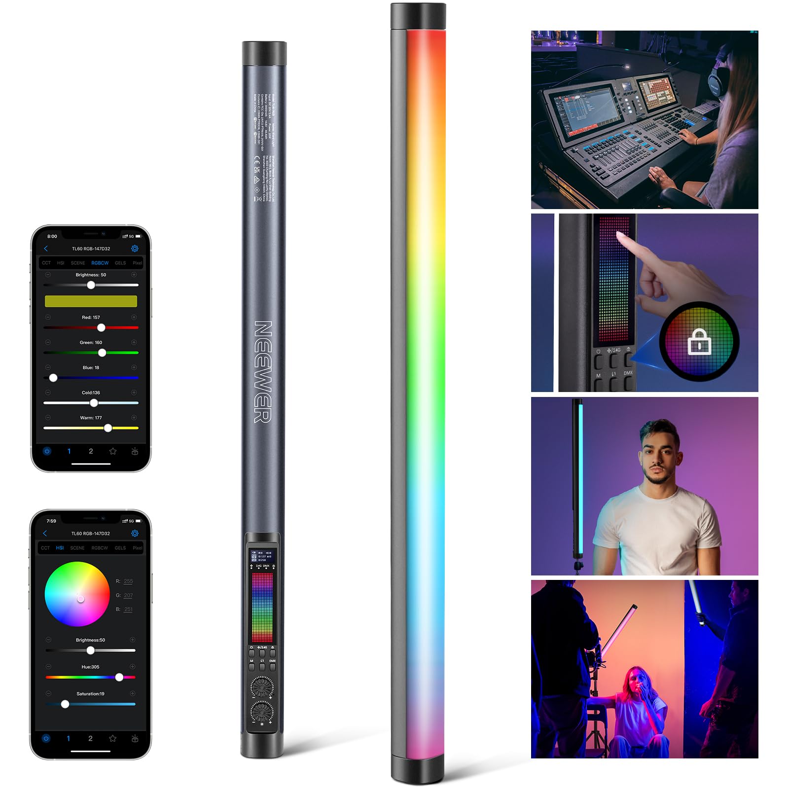 NEEWER TL60 RGB Tube Light, 20W Full Color RGBWW LED Video Lighting Wand Stick for Studio Photography Recording Streaming, APP/2.4G/DMX Control, 7 Pixel Effects 18 Scenes, 2500-10000K CRI97+ TLCI98+: 20W with 3000mAh Battery