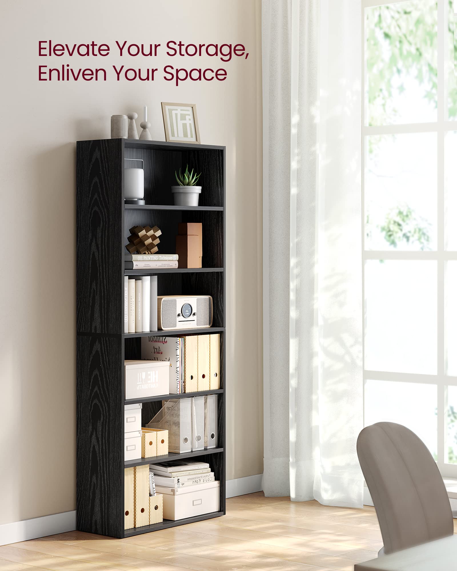 VASAGLE Bookshelf, 23.6 Inches Wide, 6-Tier Open Bookcase with Adjustable Storage Shelves, Floor Standing Unit, Ebony Black ULBC166T56