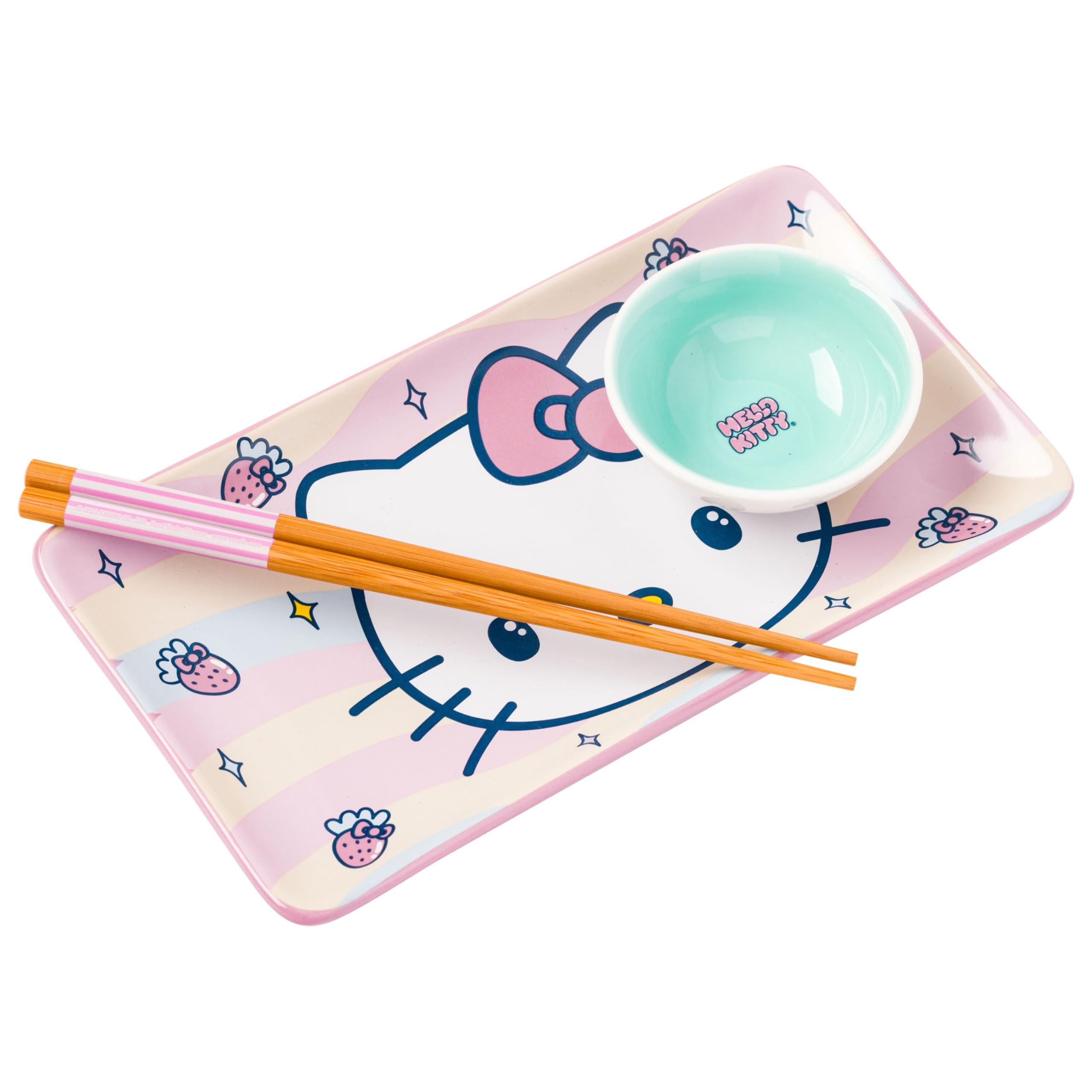 Silver Buffalo Sanrio  Kawaii Ceramic Sushi Set with Dipping Sauce Dish and Matching Chopsticks: Hello Kitty Strawberries and Bows