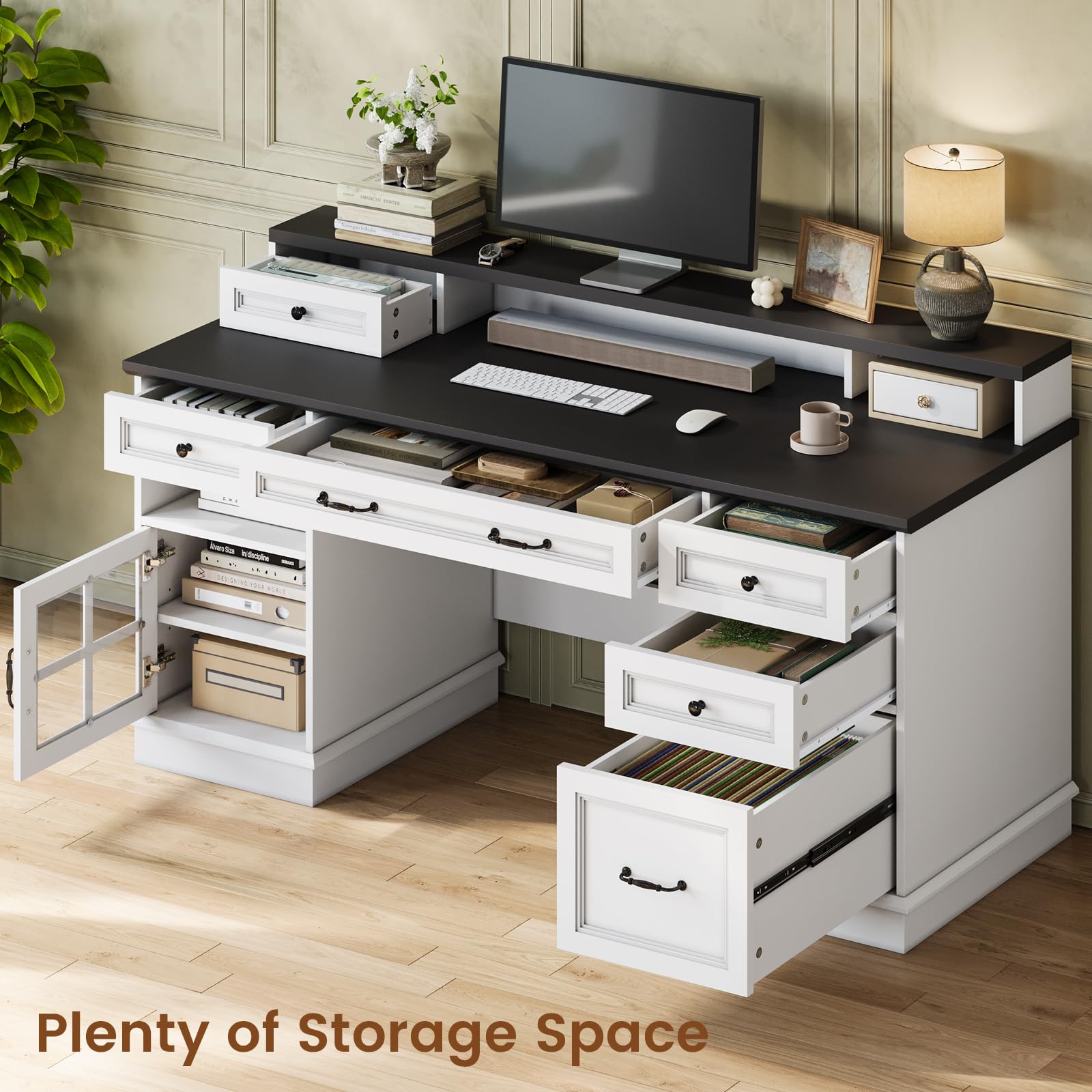 HAUOMS Farmhouse Executive Desk with Drawers Computer Desk with File Drawers, Power Outlet and Led Lights, Executive Office Desk with Storage Cabinet and Monitor Shelf for Home Office,: White