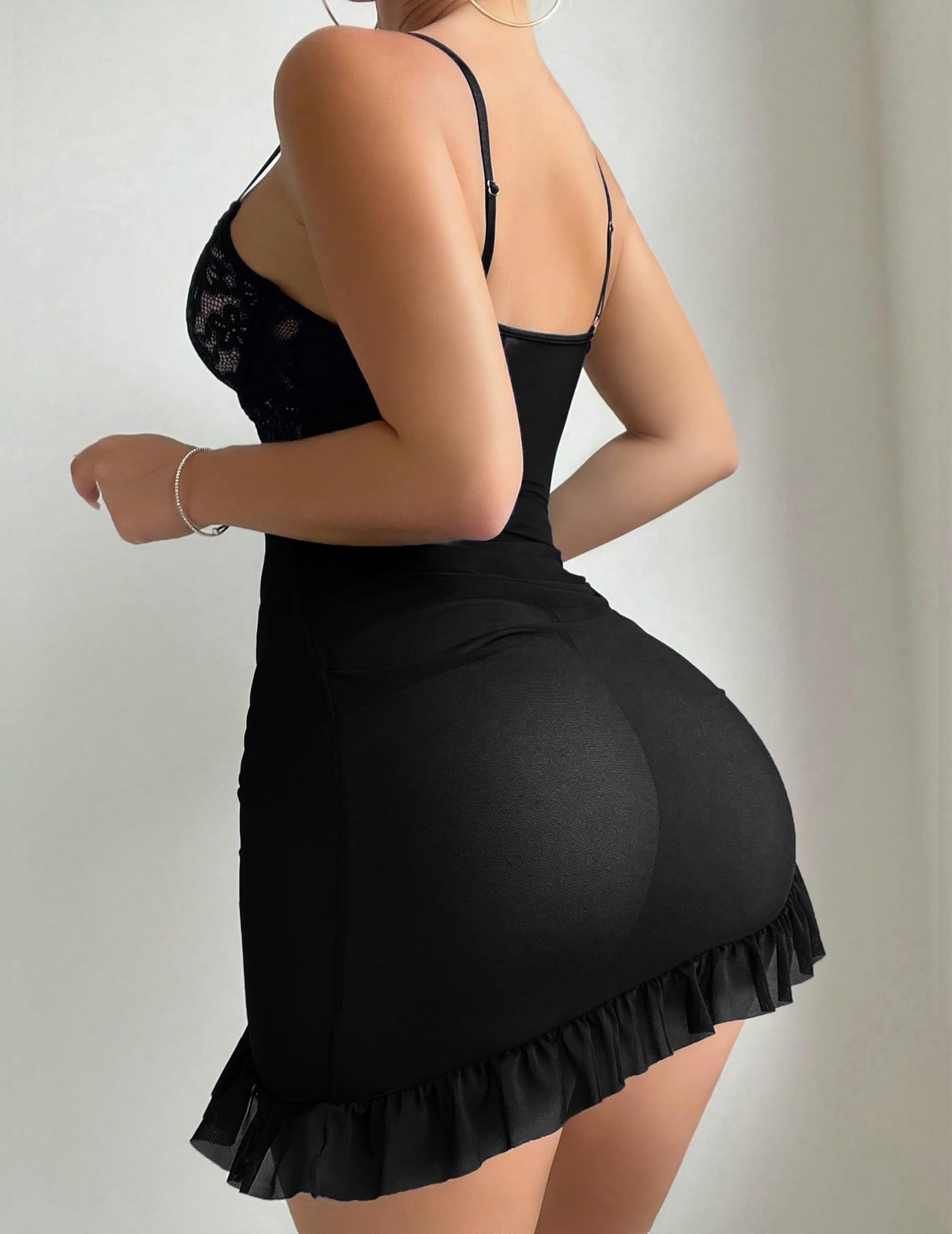 Sexy Lingerie for Women Mesh Babydoll Dress with Underwire Push Up Bra Lace Chemise Ruffle Hem Sleepwear: Black Large