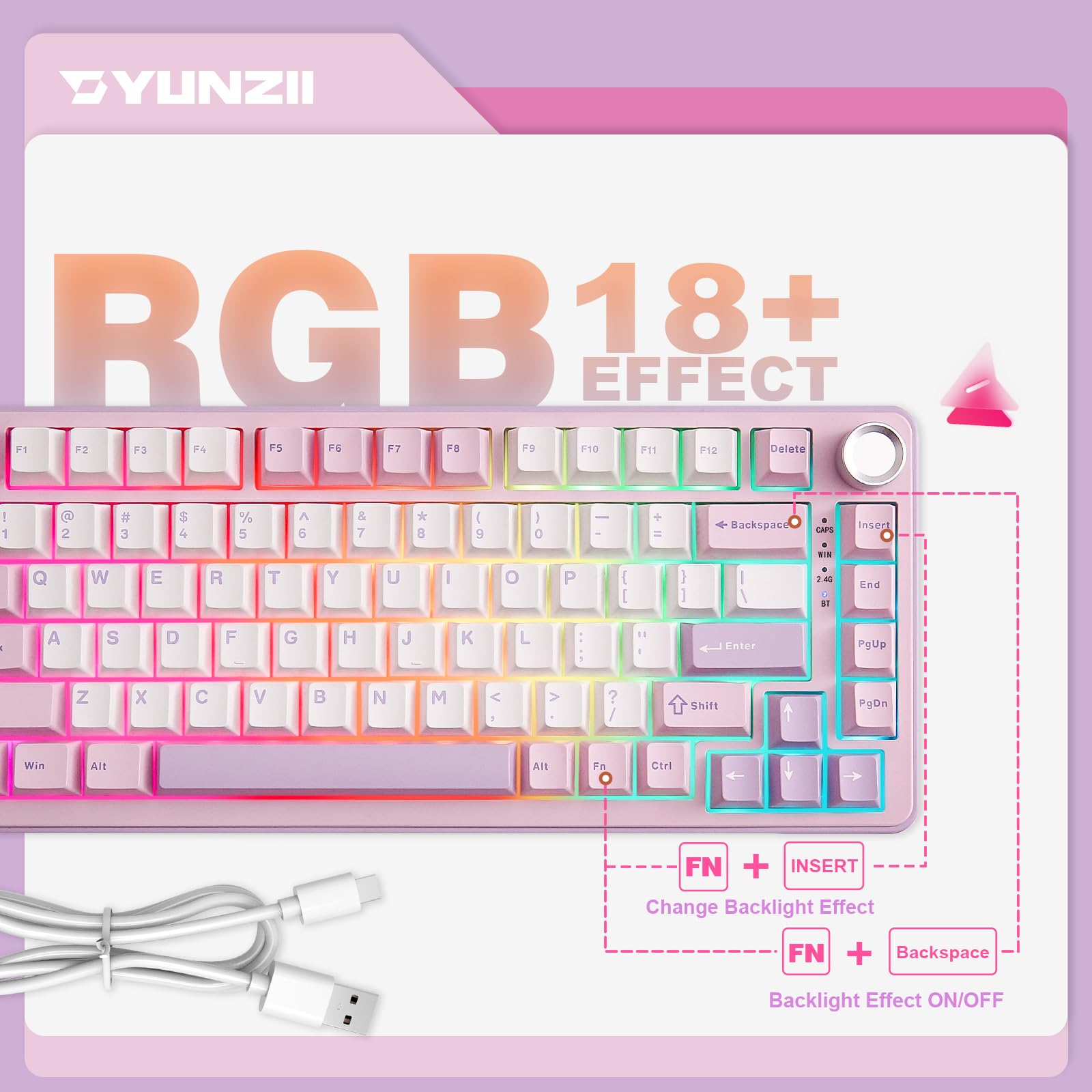 YUNZII B75 PRO Wireless Mechanical Keyboard,75% Layout with Knob,Hot Swap Gasket Custom Structure,Creamy Pre-lubed Switches,RGB Backlit,Bluetooth/Type-C/2.4G for Win/Mac(Milk Switch,Purple)
