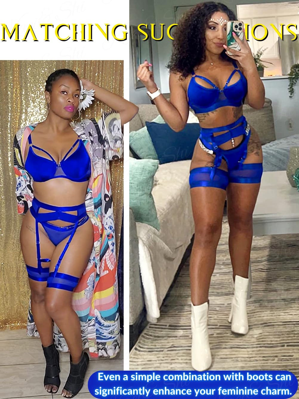 Garter Lingerie for Women,Sexy Lace Lingerie,Sheer Matching 4 Piece Lingerie Set: 16 Royal Blue