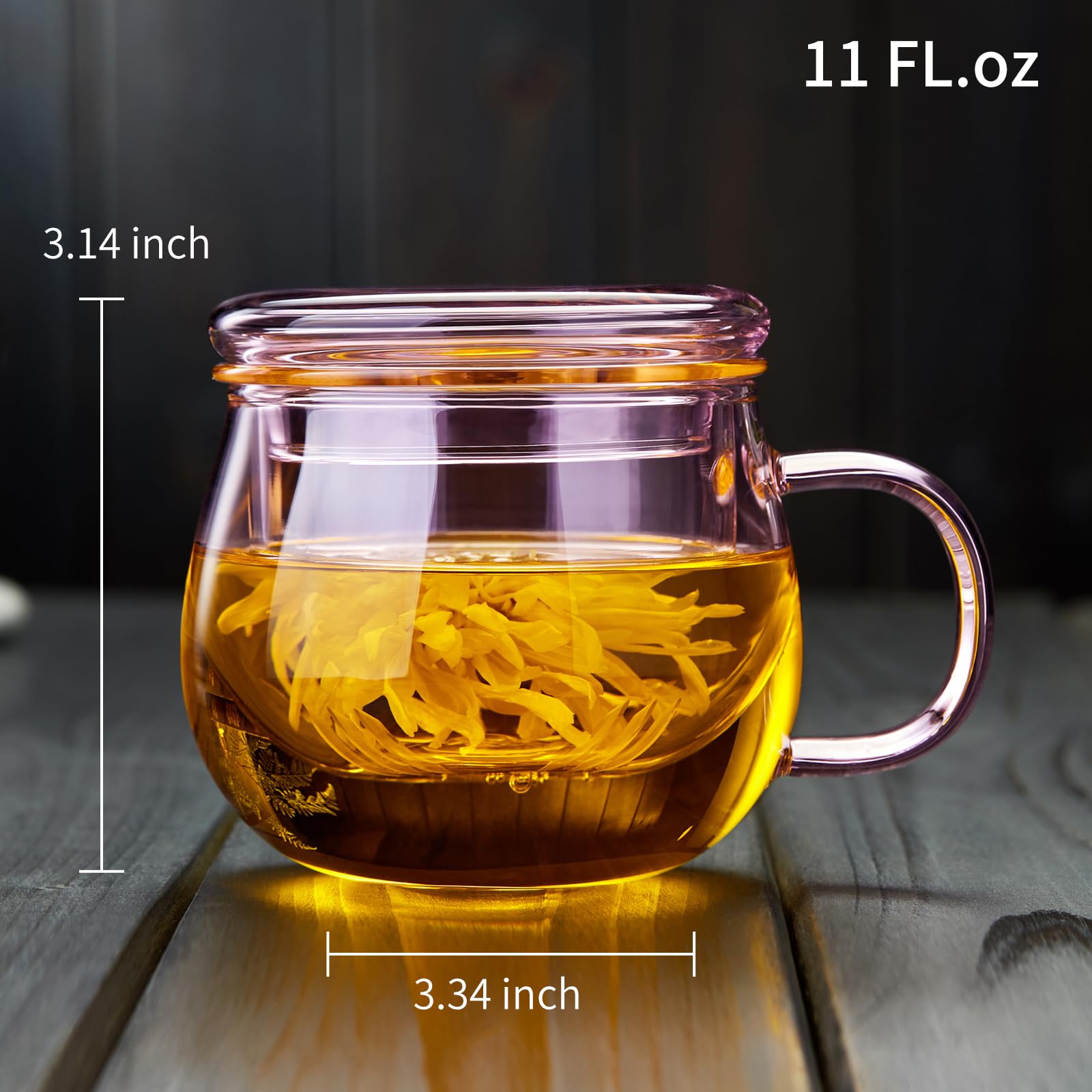 DOPUDO Glass Tea Cup with Infuser and Lid, 17.6oz/520ml Large Borosilicate Teacup,Tea Glass, Clear Mug for Loose Leaf Tea, Blooming Tea, Microwave & Dishwasher Safe - Tea Maker Gift for Birthday: Glass 11OZ