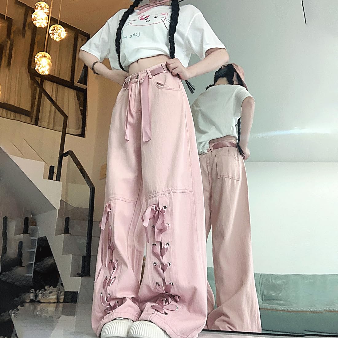 RILGOU Harajuku Y2K Kawaii Gothic Vintage Casual Style High Waisted Straight Wide Leg Ribbons Trim Pink Denim Pants