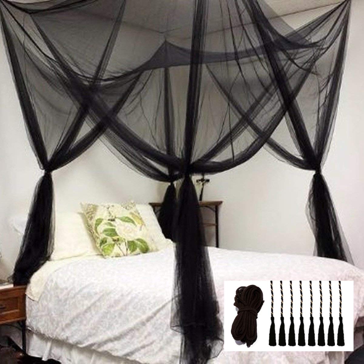 Bed Canopy with LED Star Lights, Canopy Bed Curtain with RGB Color Changing String Lights with Smart App Control Remote for Princess Girls Bedroom, Suggested for Twin Full Queen King Bed: Black