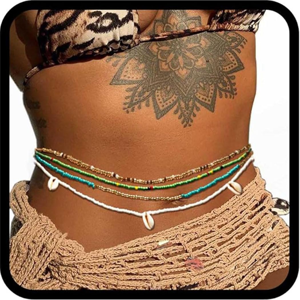 Urieo African Shell Elastic Waist Beads Chain Colorful Stretchy Belly Bead Layered Beaded Bikini Beach Waist Chains for Women: Urieo African Shell Elastic Waist Beads Chain Colorful Stretchy Belly Bead Layered Beaded Bikini Beach Waist Chains for Women