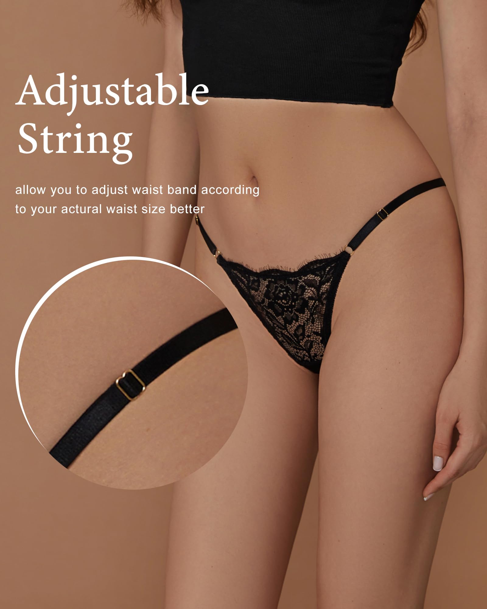 SHARICCA Lace G-String Thongs for Women Adjustable Sexy Low Rise Underwear Breathable T-back Thongs Panties 3 Pack: X-Large 3p03 (Black White Red)
