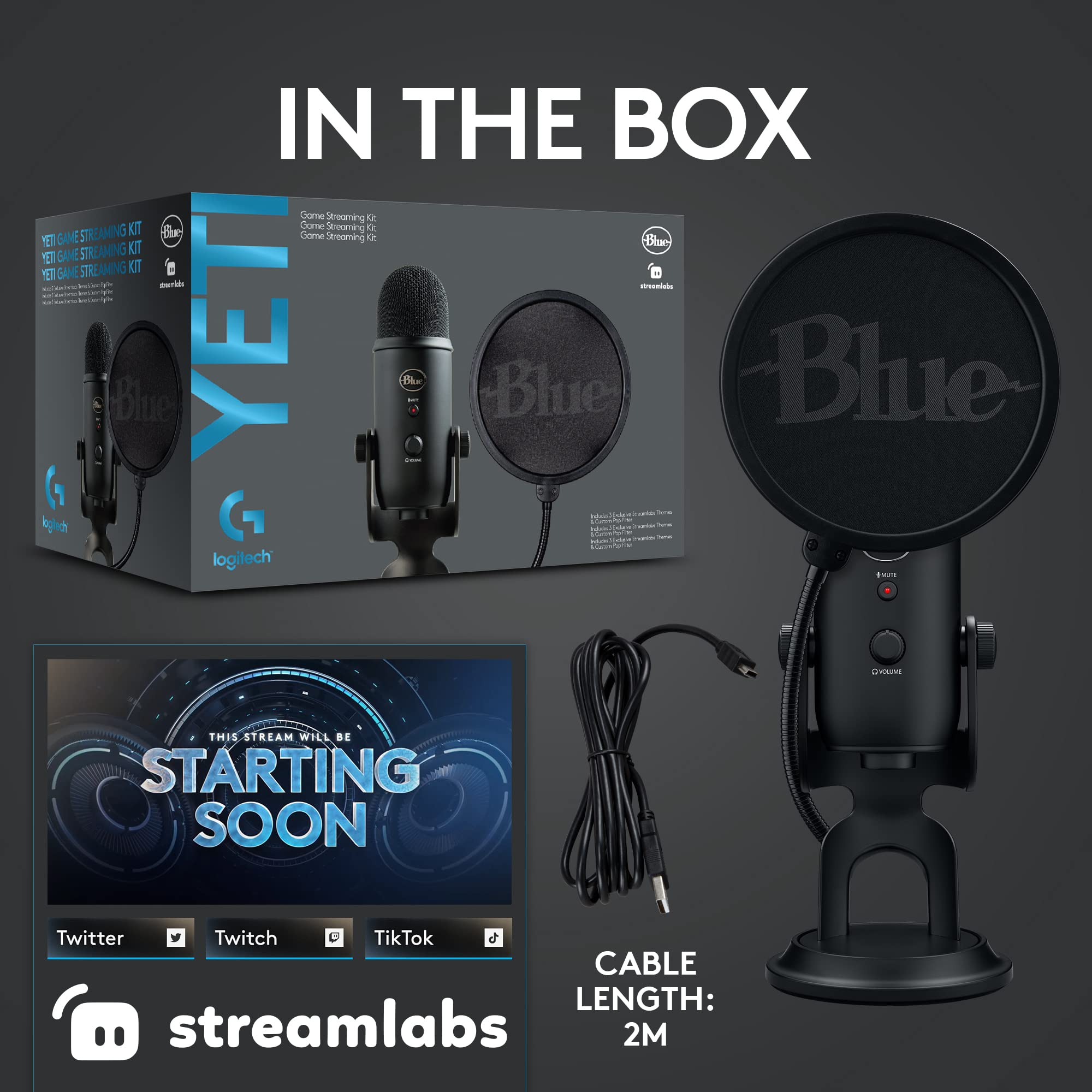 Logitech for Creators Blue Microphones Yeti USB Microphone (Blackout): Mic + Streaming Kit Blackout