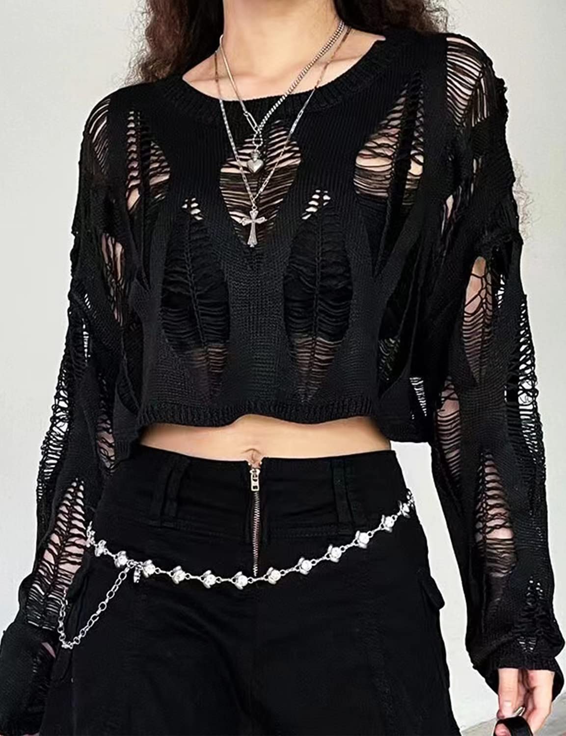 Vinsekep Women's See Through Hole Ripped Crop Tops Knit Pullover Short Sweaters: 2-black One Size