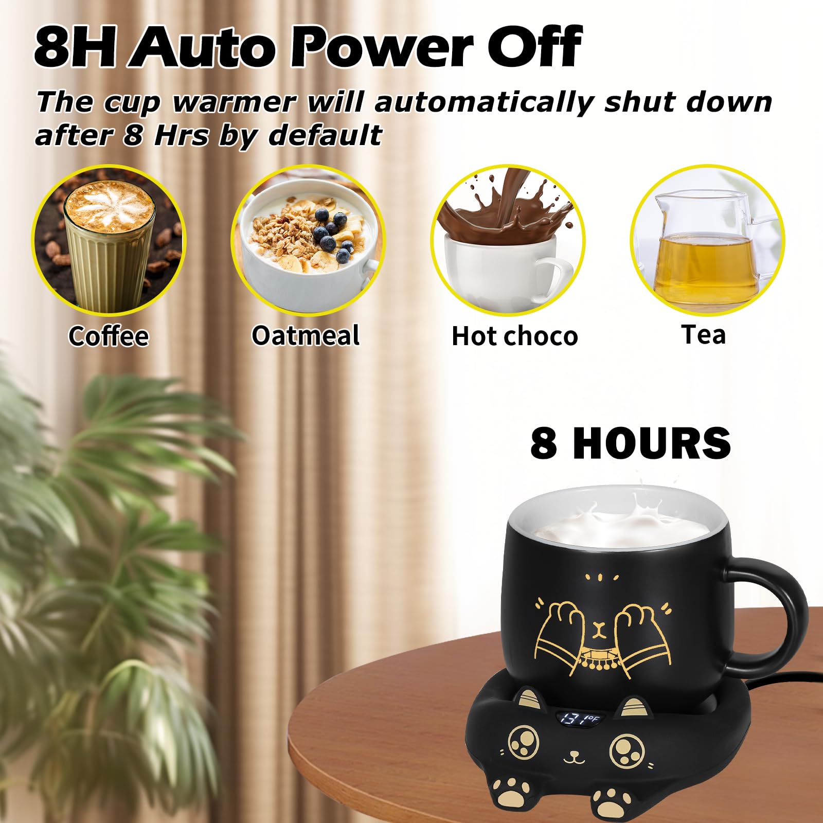 PUSEE Coffee Mug Warmer & Cute Cat Mug Set, Coffee Cup Warmer for Desk with Auto Shut Off, Beverage Warmer with 3 Temp Settings, Candle Warmer Coffee Warmer with Mug Set for Christmas & Birthday Gifts: Ador Black Set