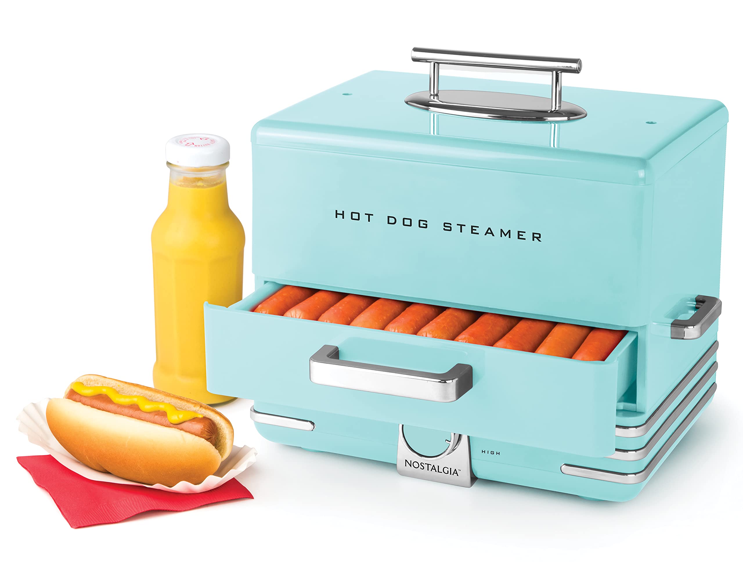 Nostalgia Extra Large Diner-Style Steamer, 20 Hot Dogs and 6 Bun Capacity, Perfect for Breakfast Sausages, Brats, Vegetables, Fish, Aqua