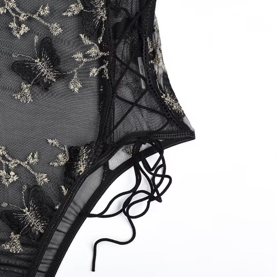 Lilosy Women Sexy Lace Up Floral Embroidered Teddy Lingerie Bodysuit Top Mesh Sheer One Piece: Small Butterfly Black