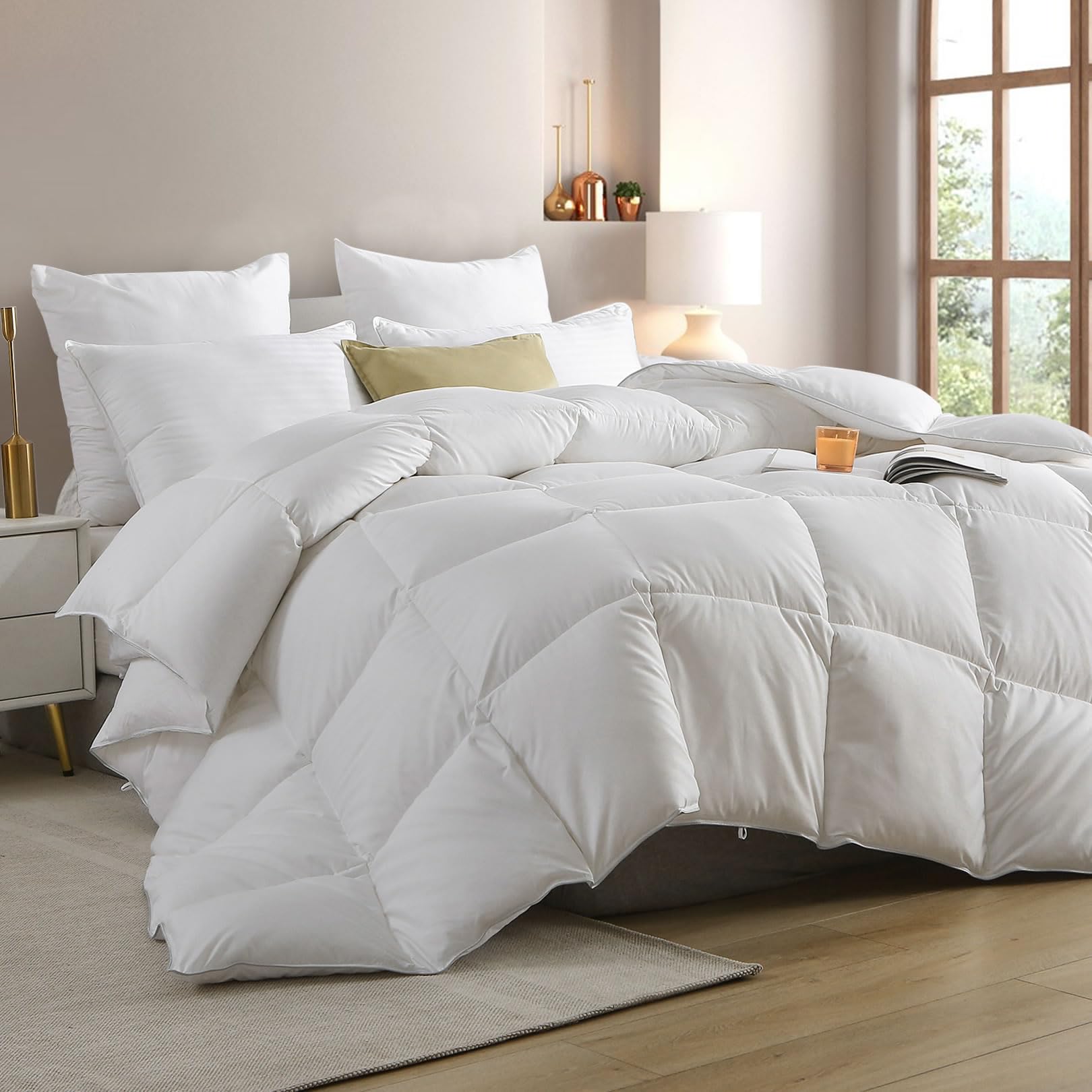 Cobnom® Hotel Luxury Feather Down Comforter Queen Size, Medium Warm All Season Duvet Insert, Silky Soft Egyptian Cotton Blend Cover, Ethically Sourced Feather & Down Filled, 90x90 Inch, White