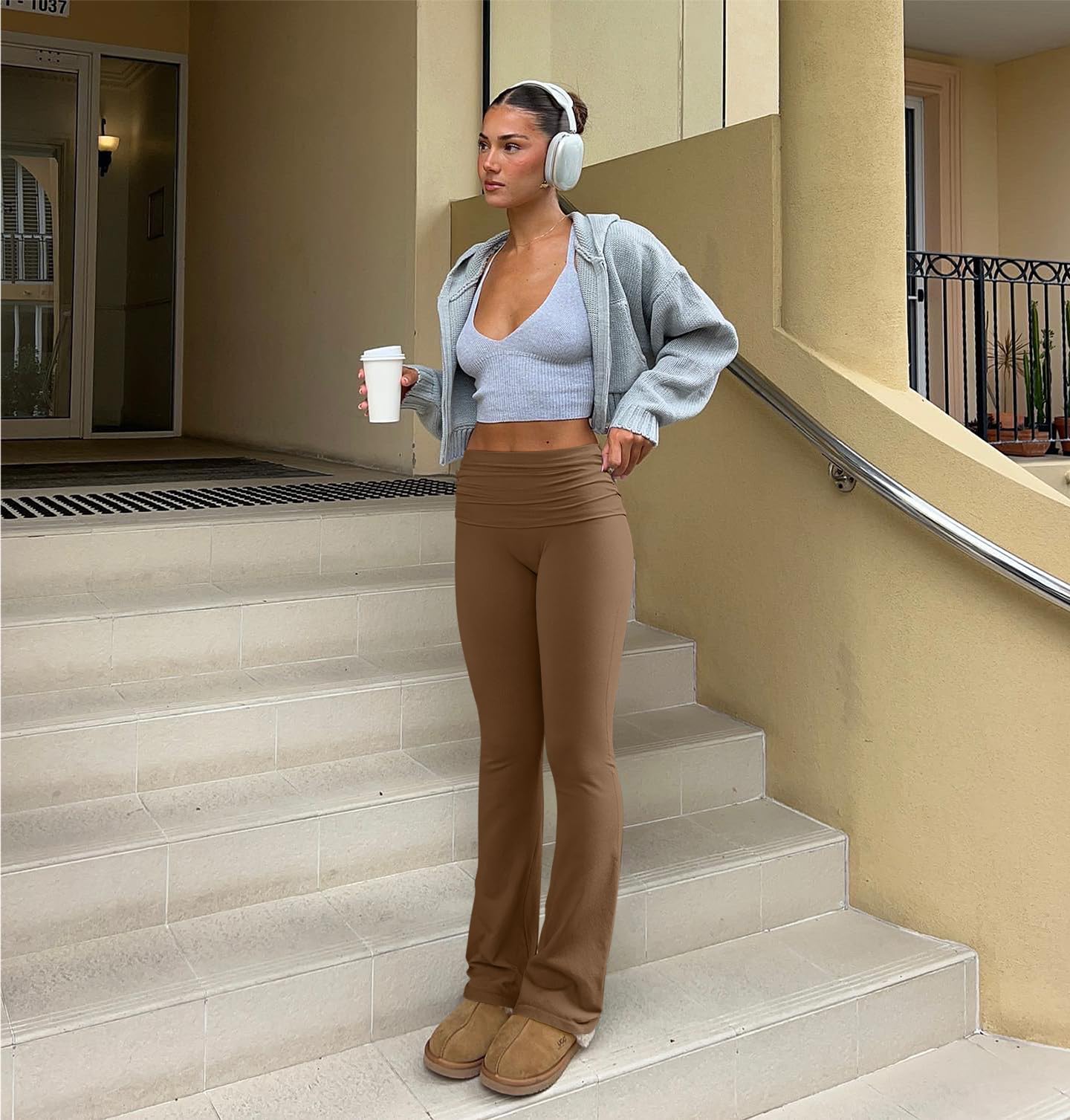 OQQ Women's 2 Piece Flared Pants Ribbed Fold Over Kick Ruched Stretch High Waist Casual Wide Leg: Black,coffee Small