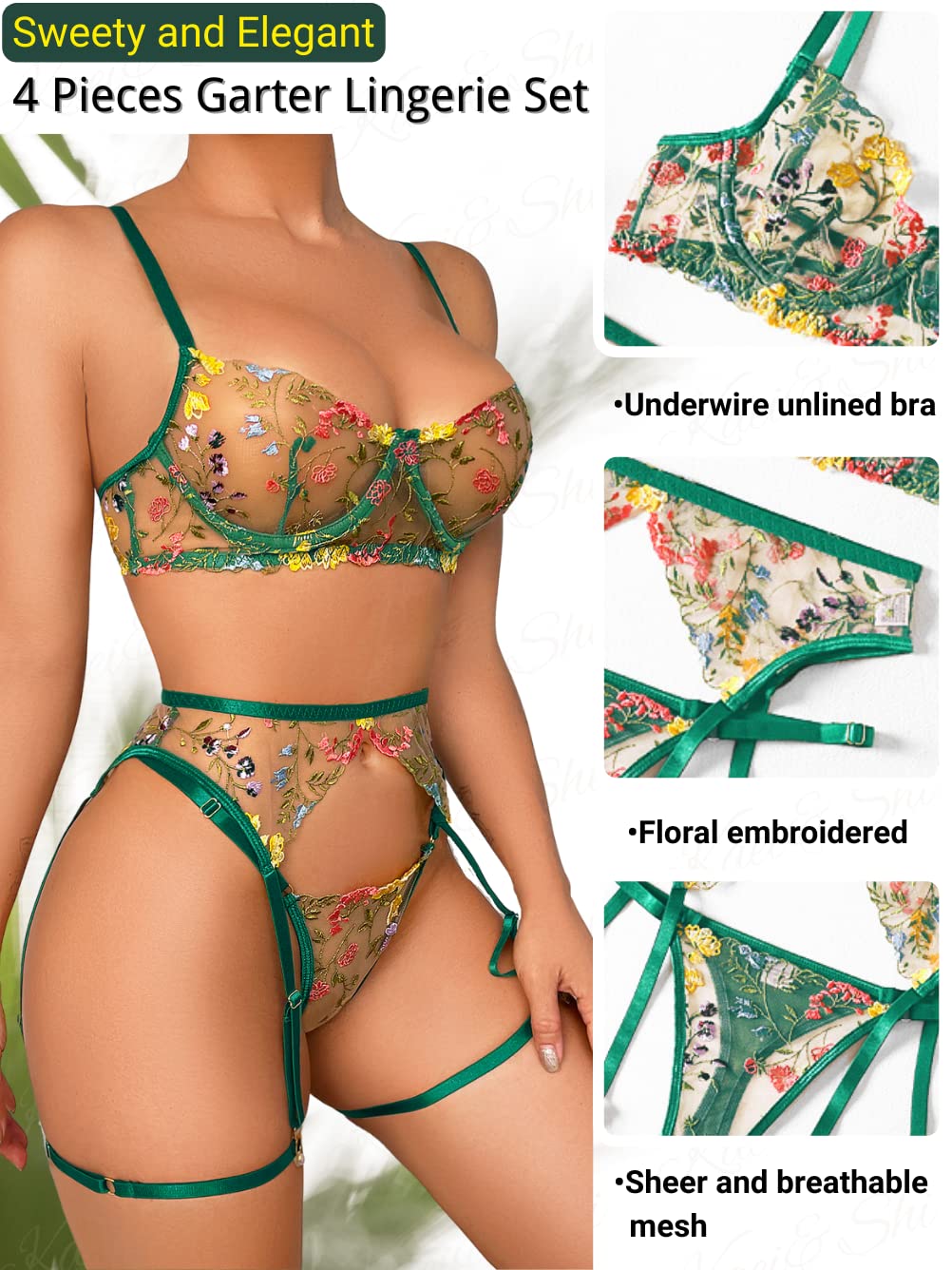 Kaei&Shi Vibrant Floral Embroidery, Underwire, Thong, Thigh Straps, Lingerie Set: 4-6 Green