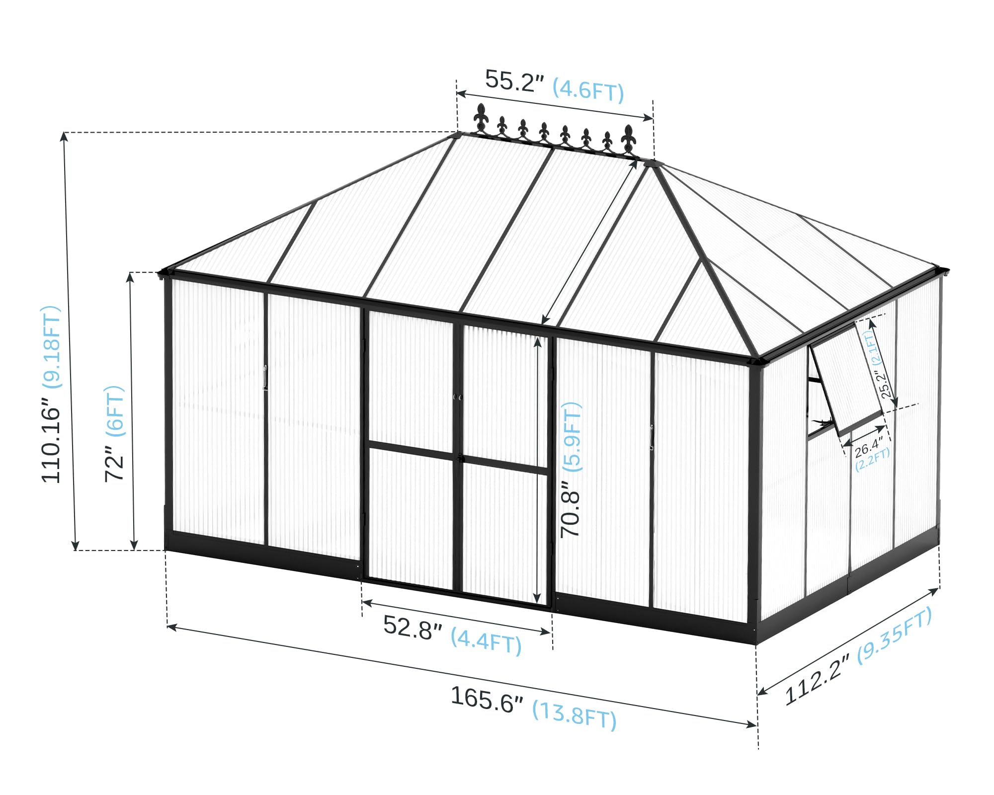 Jocisland 16x12x9.5 FT Polycarbonate Greenhouse- 6 FT Wall Height Outdoor Aluminum Greenhouses with 2 Ventilation and Rain Gutter, Double Doors with Hook, Walk-in Greenhouse for Backyard Garden: 6mm PC Panels 14x9.5x9 FT