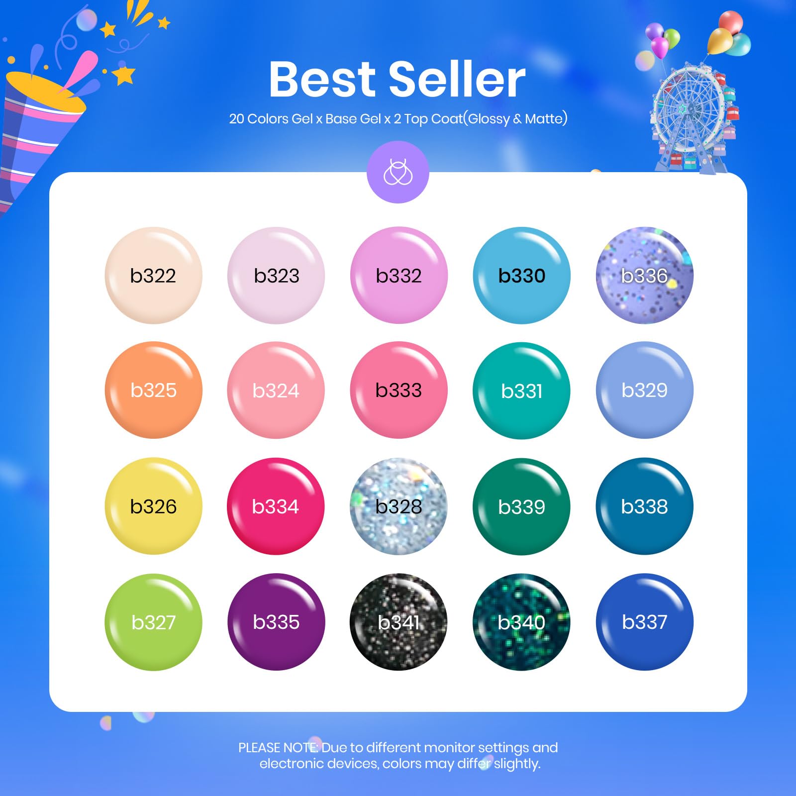 beetles Gel Polish Set Summer Gel Nail Polish Kit Pastel 36 Pcs 32 Colors with Base Top Coat Hot Pink Green Black White Burgundy Red Blue Purple Gifts for Women Fingertip Palette: 20 Colors Fantasyland Collection
