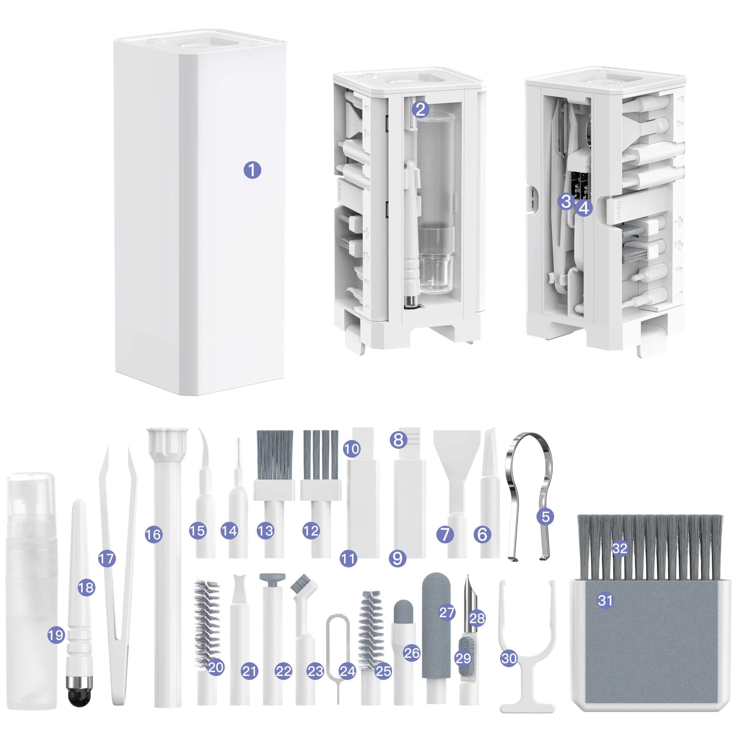 32-in-1 Multi-Functional Cleaning Kit for Electronics inlcuding Headphones,Mobile Phones,Computer,Monitor,Lens and etc, Compact and Portable Design,: White