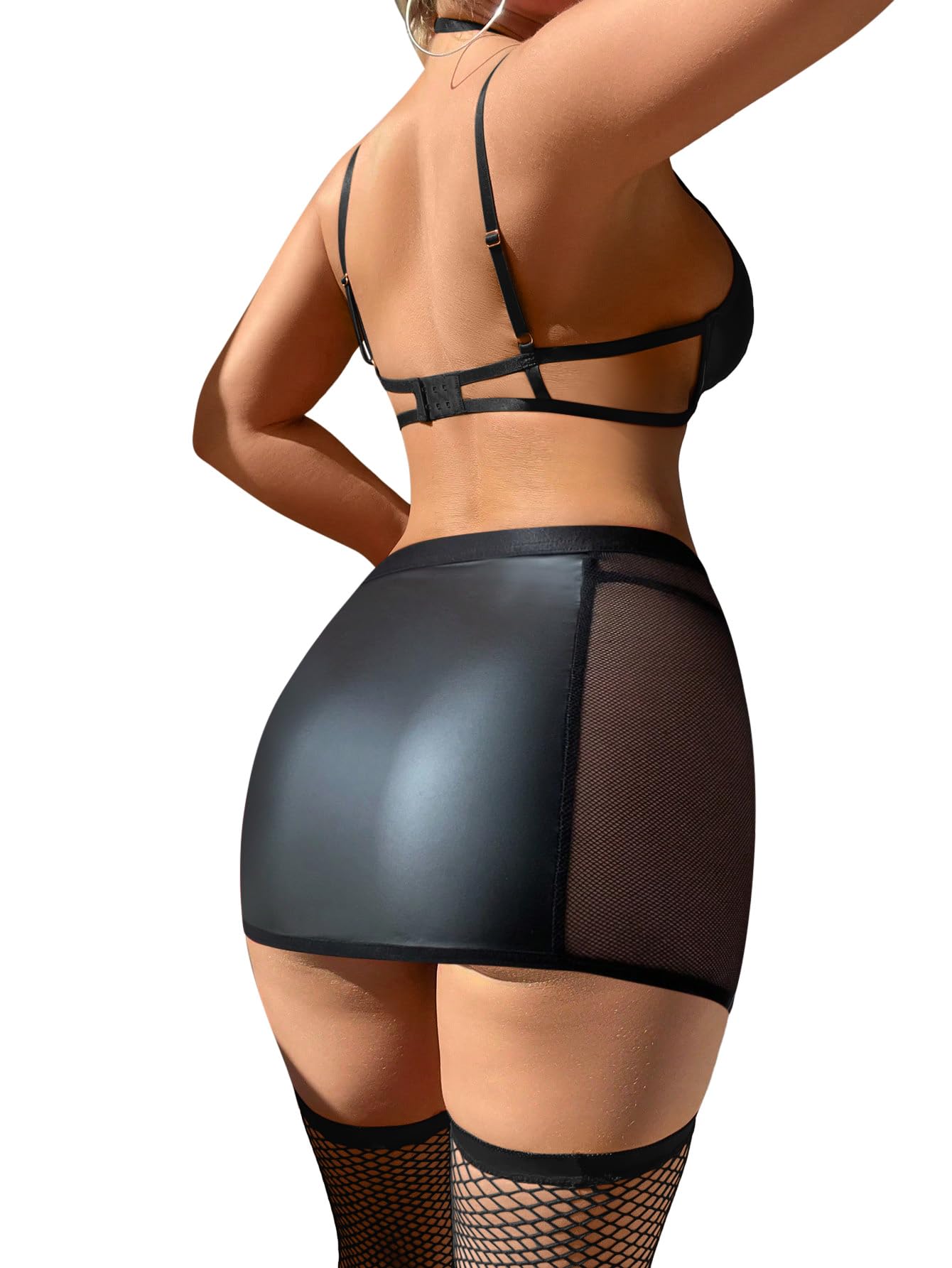 Foxiny Sexy Cutout Halter Underwire Leather Mesh Sheer Mini Skirt Stocking Lingerie Set 4 Piece Outfits: Small Black