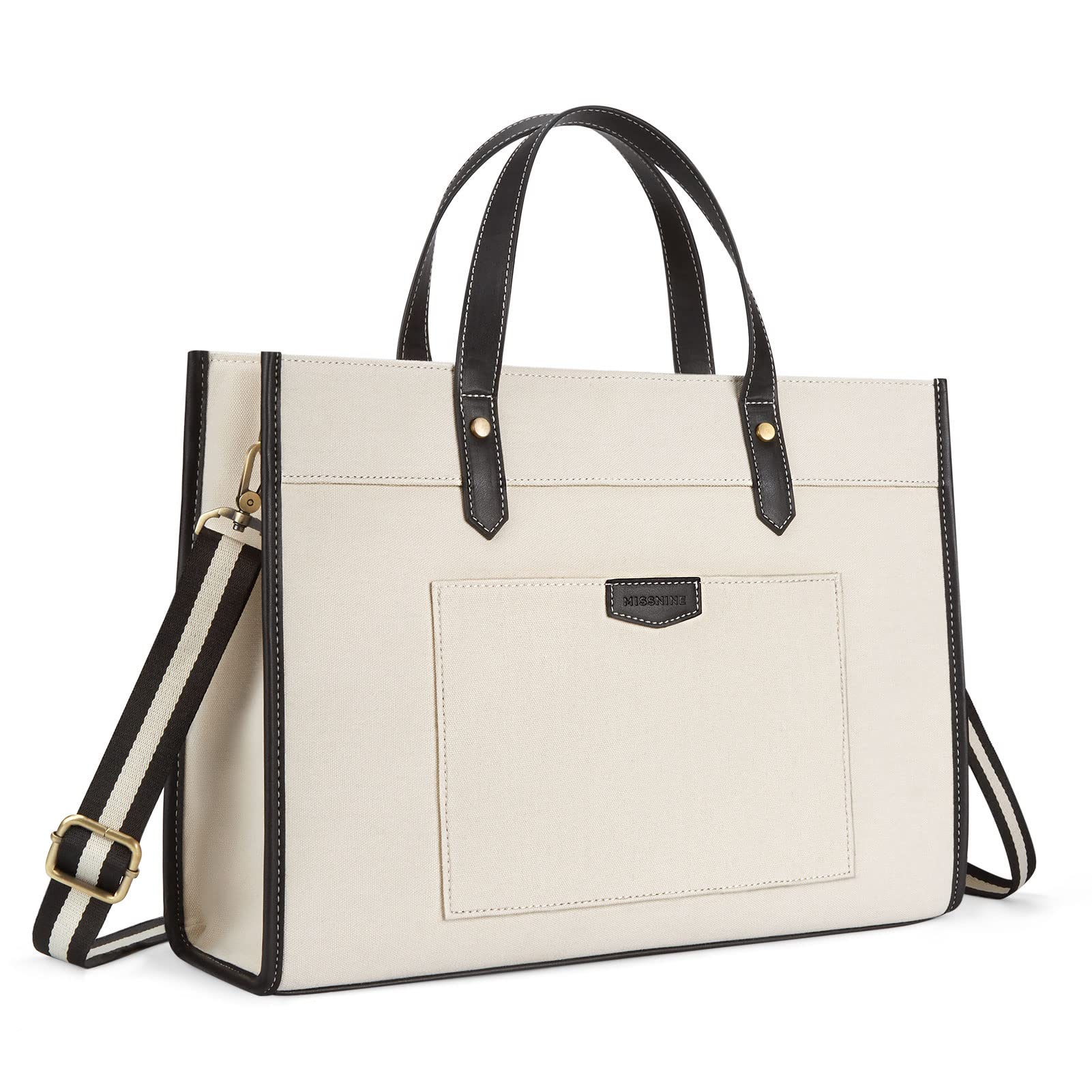 Missnine Tote Bag Canvas Laptop Bag 15.6 inch Briefcase for Women Large Capacity Handbag for Office, College, Travel (Black+Beige)