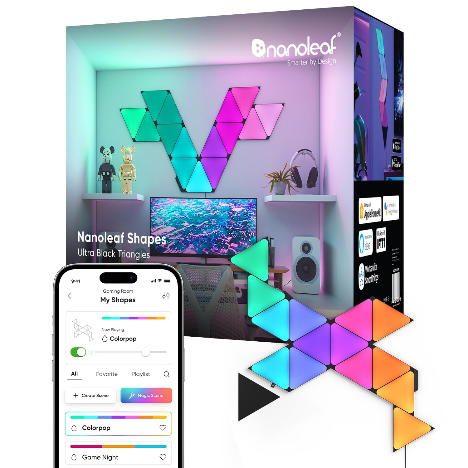 Nanoleaf Shapes WiFi and Thread Smart RGBW 16M+ Color LED Dimmable Gaming and Home Decor Wall Lights Smarter Kit