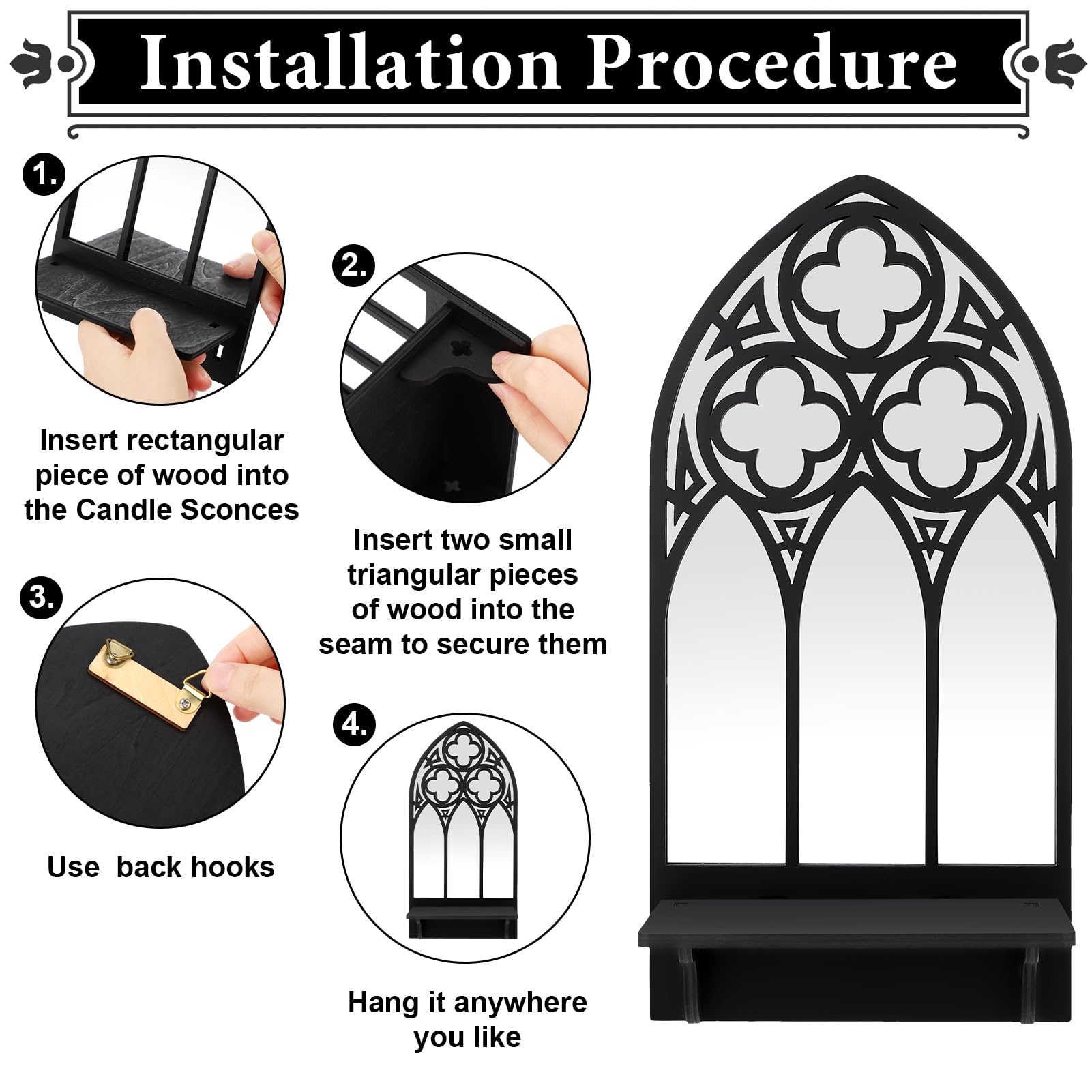 Ovveroche 2 Set Gothic Candle Sconces Wall Decor, Arch Cathedral Frame Gothic Wall Sconce Candle Holder for Bedroom, Bathroom, Dining Room, Living Room, Black