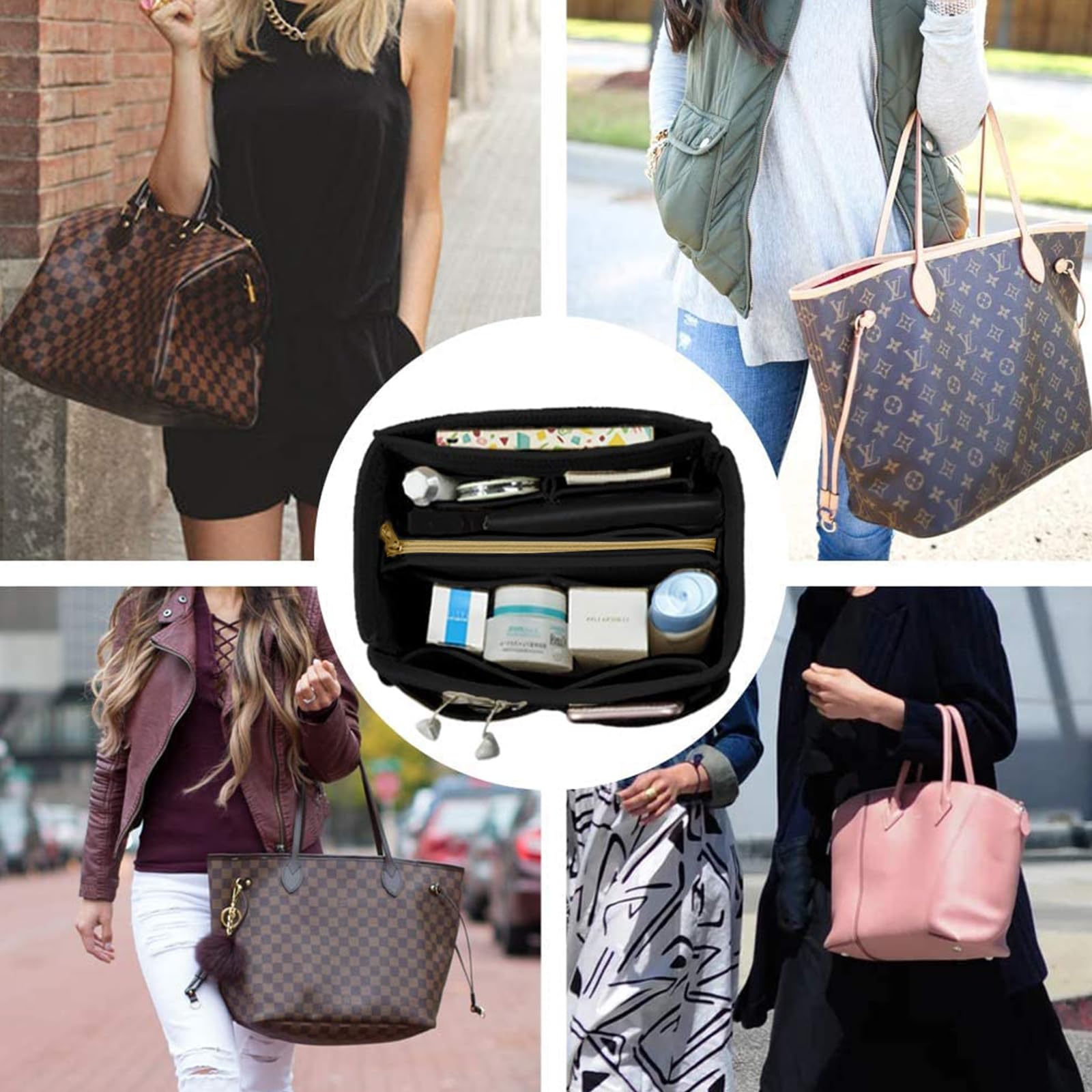 OMYSTYLE Purse Organizer Insert, Felt Tote Bag Organizer Insert with 5 Sizes, Handbag Dividers for Inside Purse, Compatible with Longchamp, Neverful, Speedy and More: Medium Black