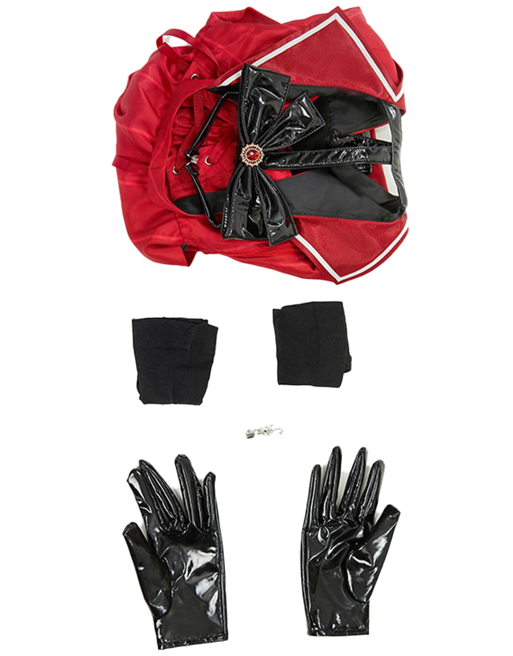 Mobbunny Women Halloween Demon Derivative Sexy Cosplay Set Black Red Hollow Bodysuit and Gloves: Small Red