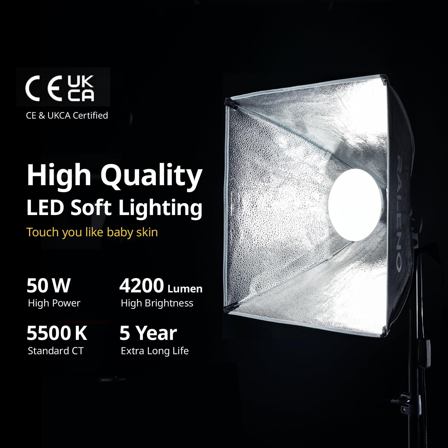 RALENO Softbox Photography Lighting Kit, 16'' x 16'' Softbox Lighting for TikTok with LED Bulb (50W | 5500K | 97 CRI | TLCI≥97), Continuous Lighting for Video Recording & Photography Shooting: Black