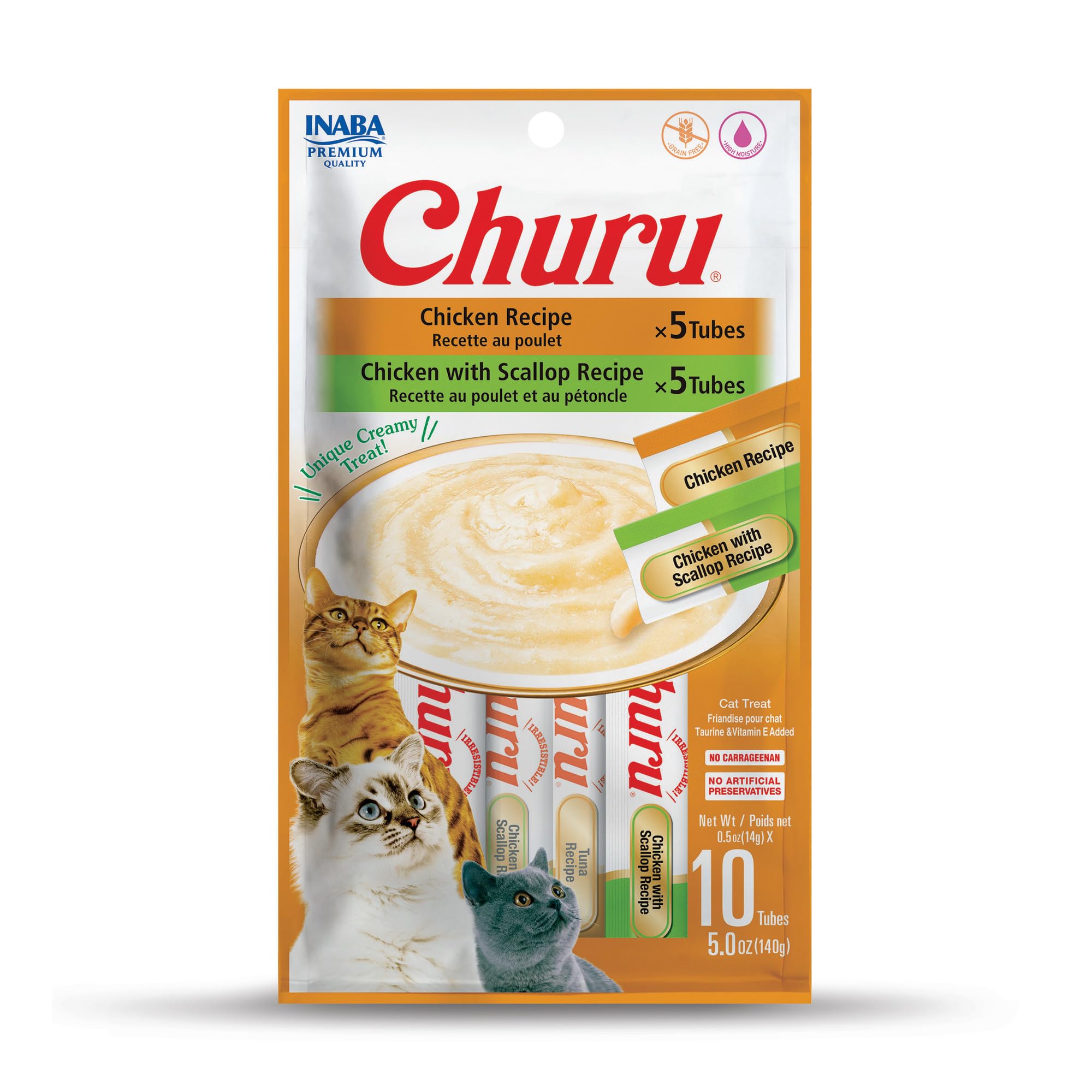 INABA Churu Cat Treats, Grain-Free, Lickable, Squeezable Creamy Purée Cat Treat/Topper with Vitamin E & Taurine, 0.5 Ounces Each Tube, 50 Tubes, Tuna & Chicken Variety: Chicken Variety 0.5 Ounce (Pack of 10)