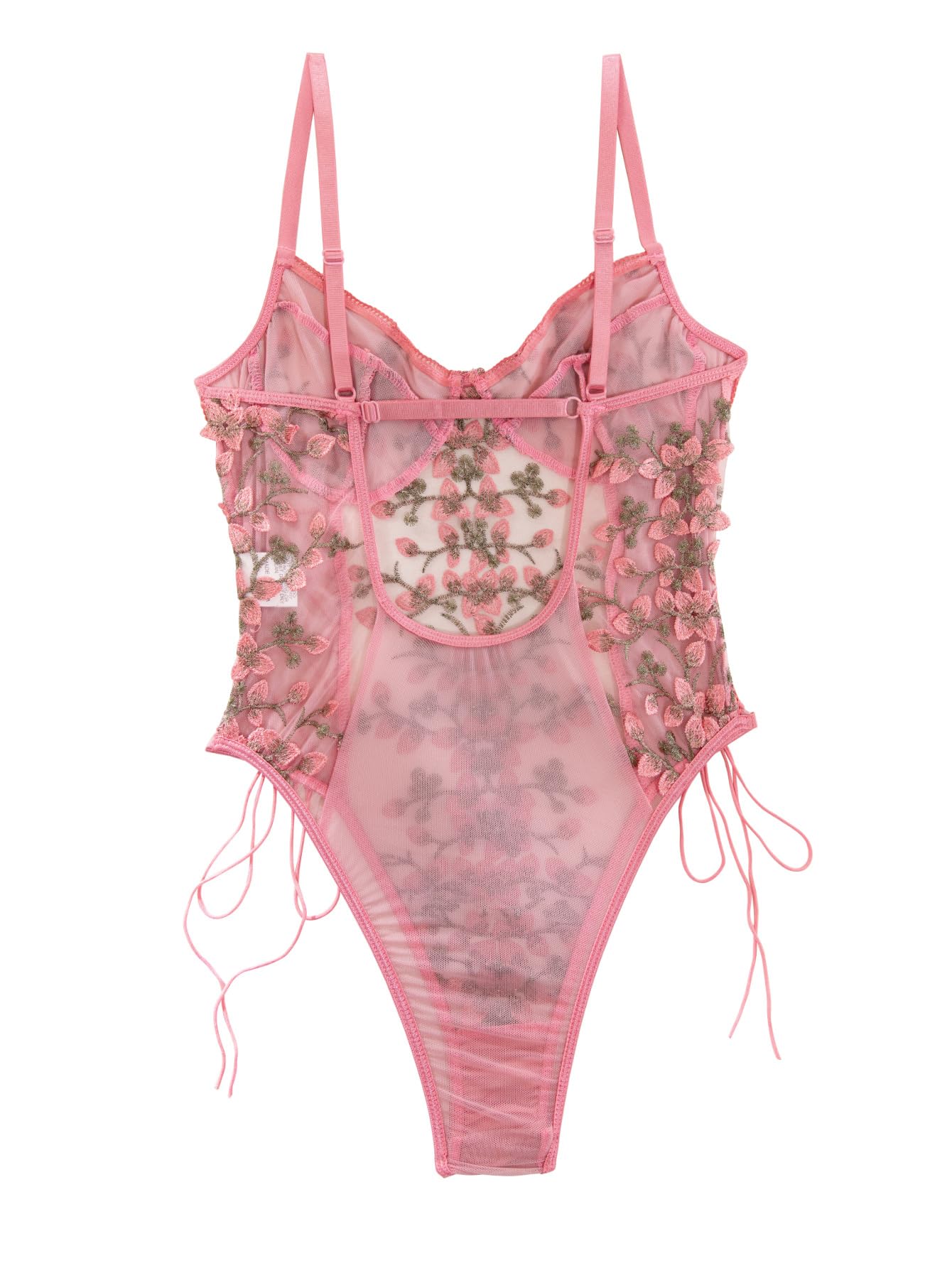 Lilosy Women Sexy Lace Up Floral Embroidered Teddy Lingerie Bodysuit Top Mesh Sheer One Piece
