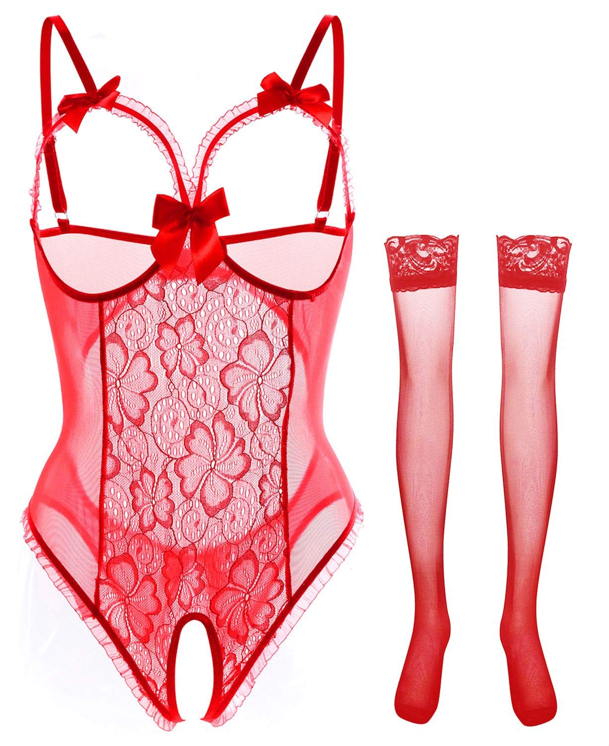 Lingerie for Women Sexy Teddy One-Piece Lace Babydoll Bodysuit Nightie Plus Size: Small A-(red+stocking)