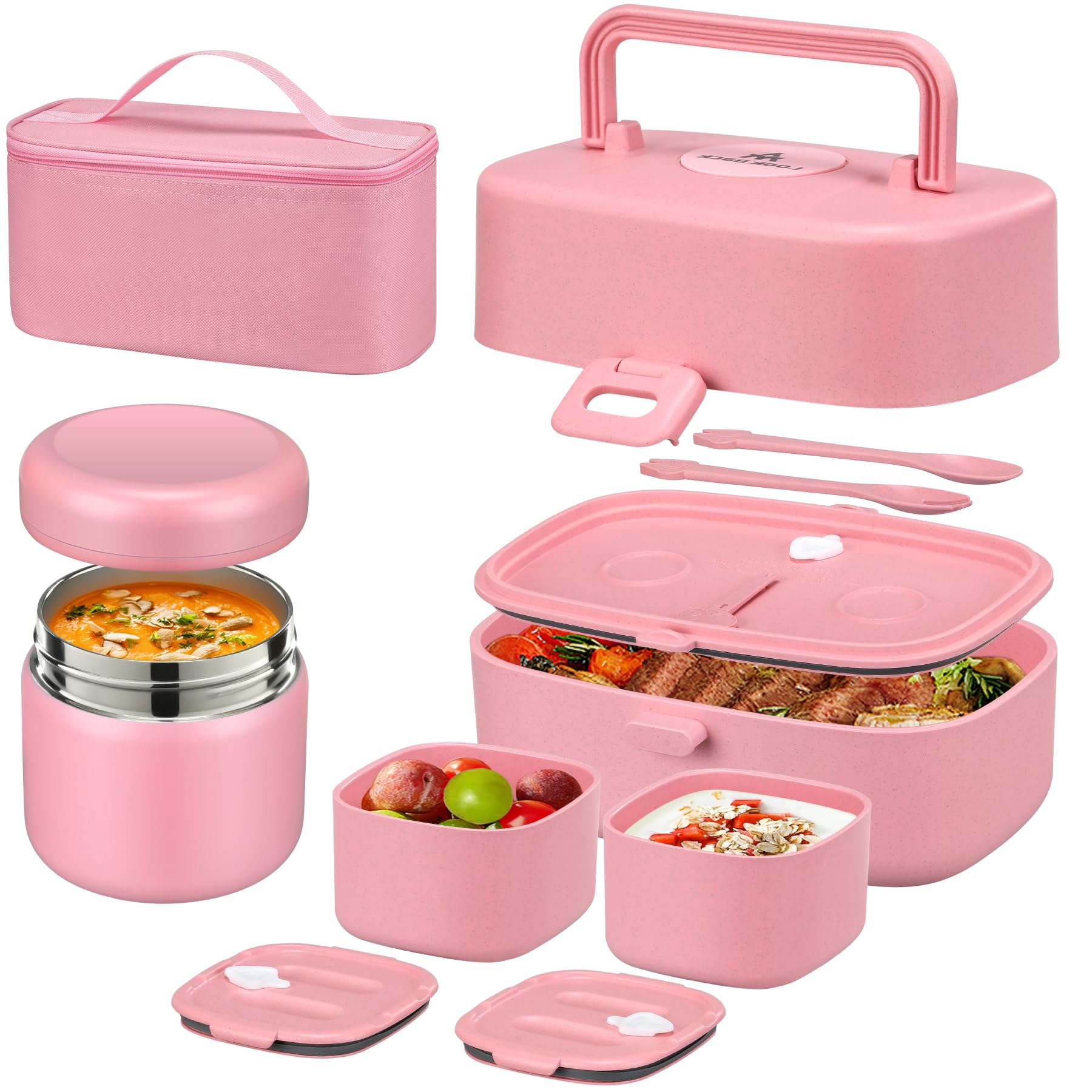 Pawtong Bento Lunch Box with 8oz Soup Thermo, Kids Sustainable Bento Box Leakproof Lunch Food Containers with Lunch Bag, Kids Thermo Insulated Hot Food Jar for School, Trvael (): Pink