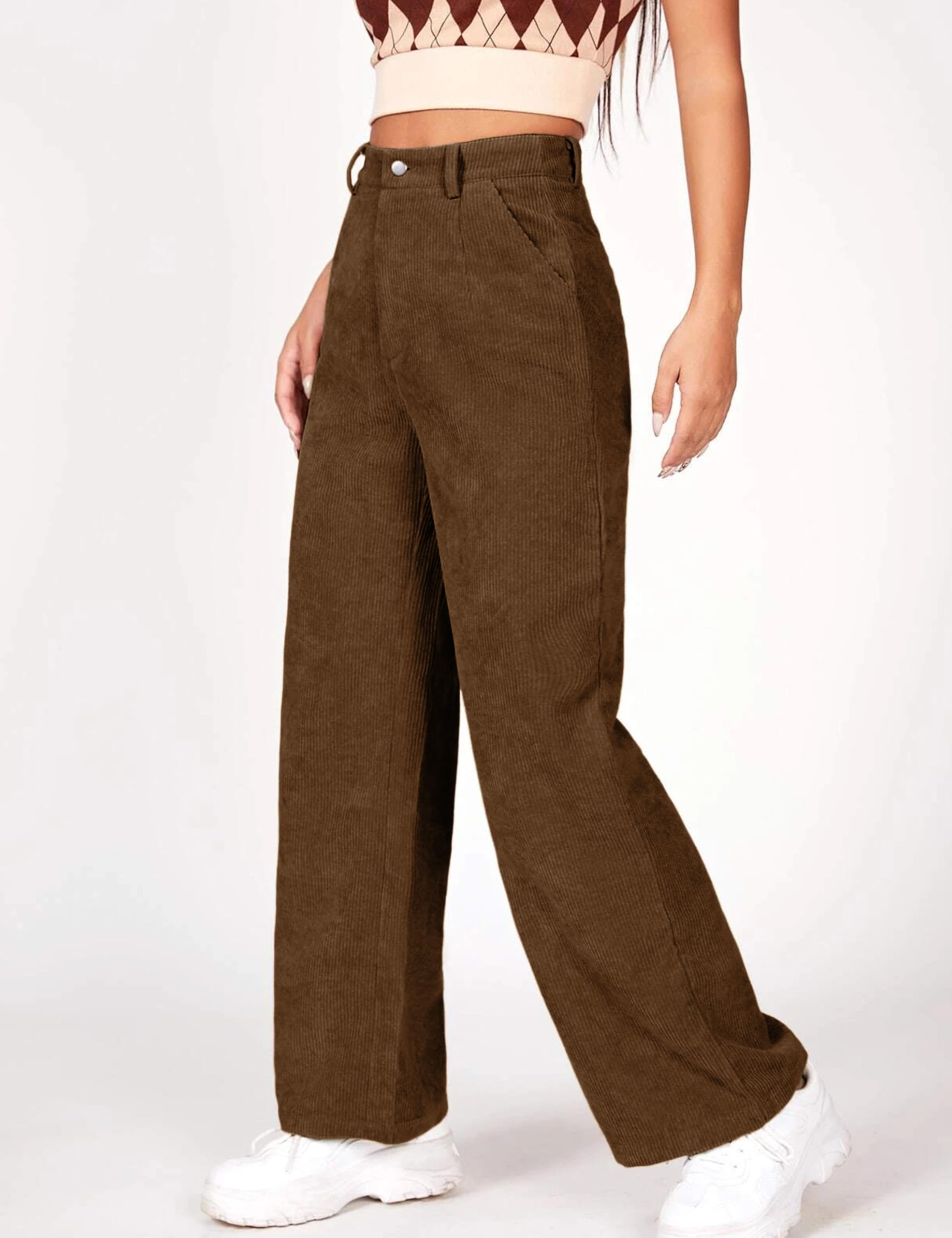 Himosyber Corduroy Pants for Women Casual Elastic High Waist Stretchy Wide Leg Pants Loose Fit Comfy Trousers with Pockets thumbnail 3