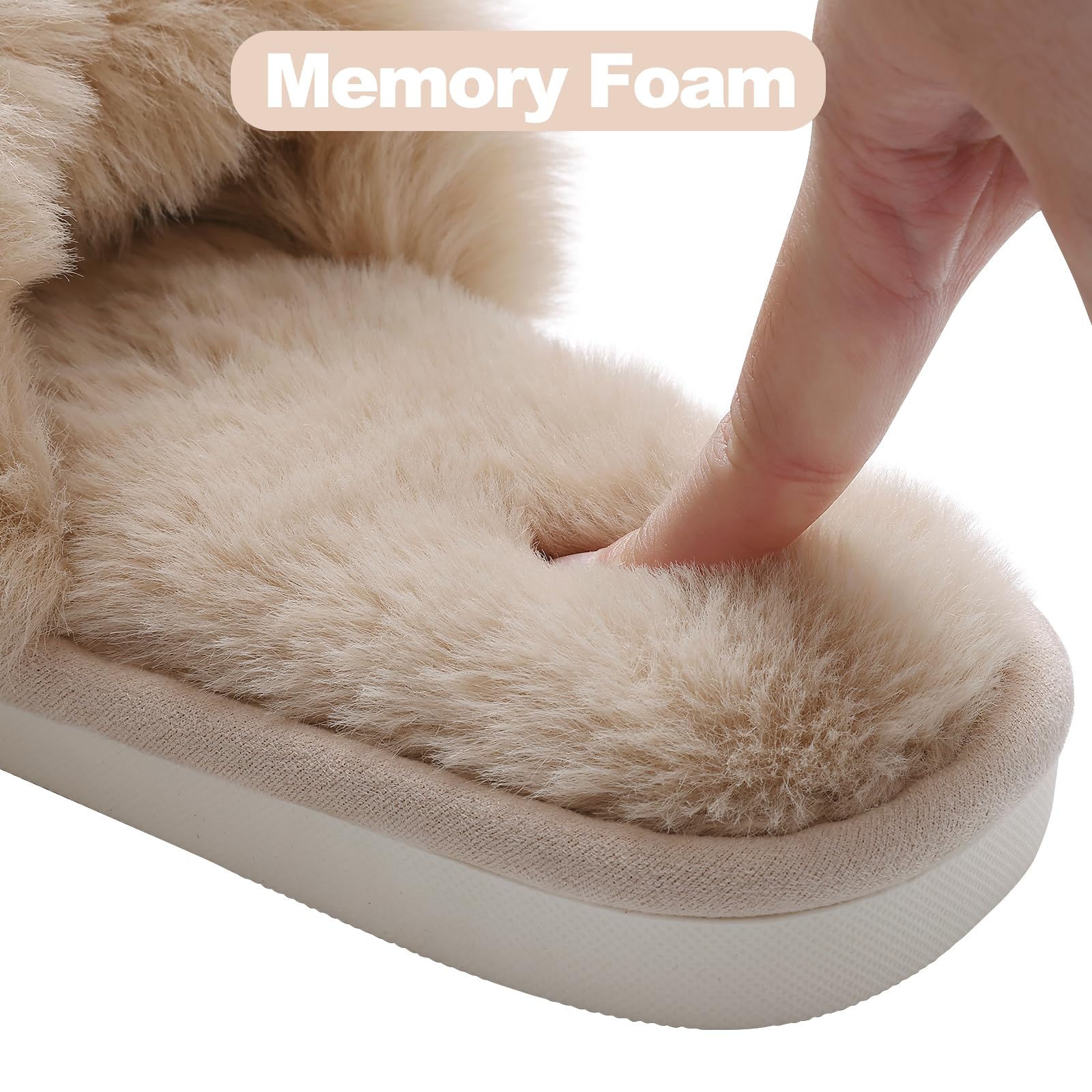Evshine Women's Fuzzy Slippers Cross Band Memory Foam House Slippers Open Toe: 7-8 Camel